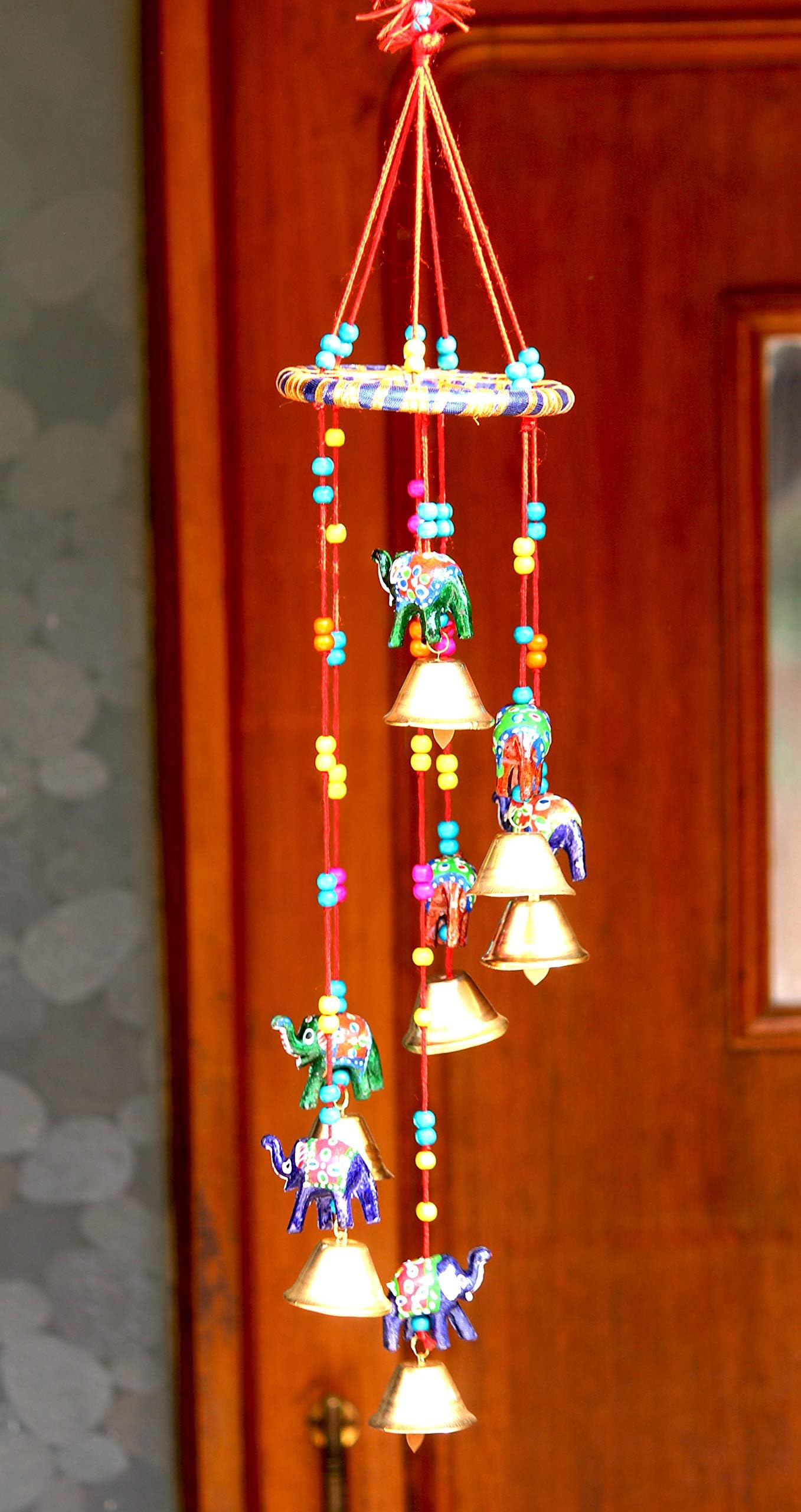 Craft Junction Handcrafted New Round Bells Design Wooden Windchime (20 inch, Multicolor) (Red)