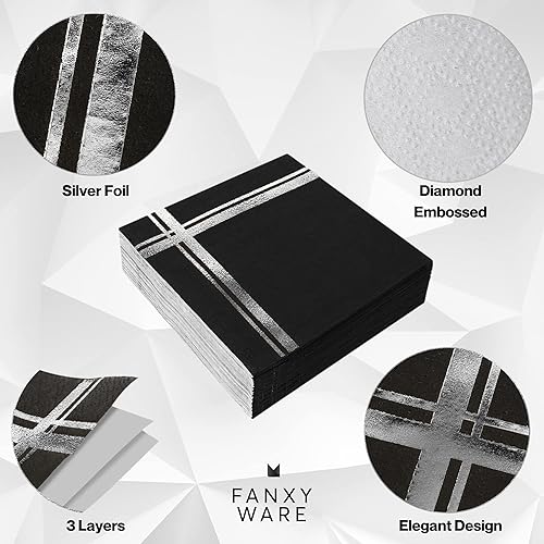 Miniatura 6 de Servilletas de cóctel plateadas sobre negro, paquete de 100, 5 x 5 pulgadas, papel de 3 capas, nombre del estilo Blissful Crossing