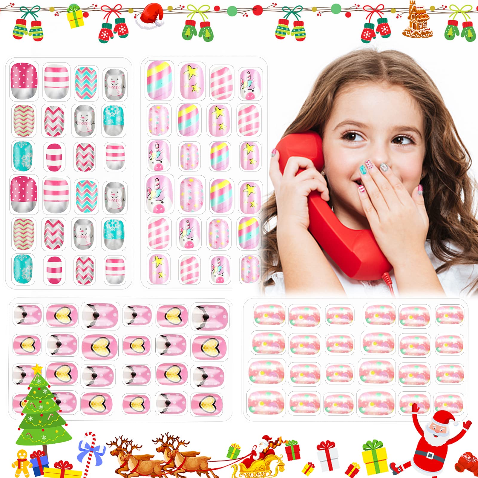 Christmas Press on Nails for Kids Fake Nails 100 PCS Candy Rainbow Children Pre-glue Stick on Nails for Little Girls Short Glue on Nails for Toddlers Glitter False Nail for Holiday Party Gifts