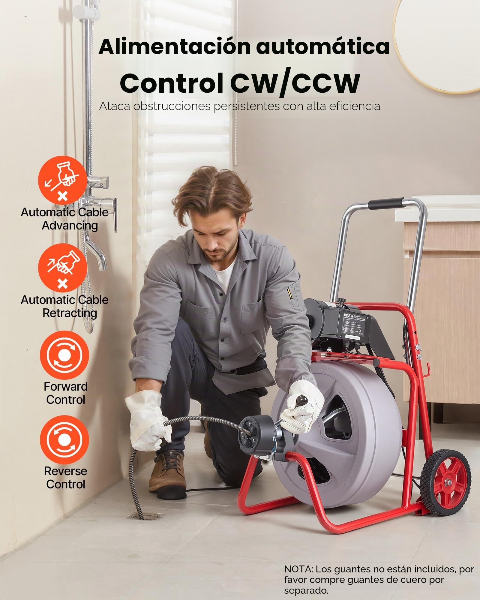 VEVOR Desatascador de Desagües Eléctrico 30 m x 13 mm, Máquina de Limpieza de Tuberías con Alimentación Automática, Tambor de Plástico, Limpiador de Tubos de Drenaje para Tuberías de 5-10 cm