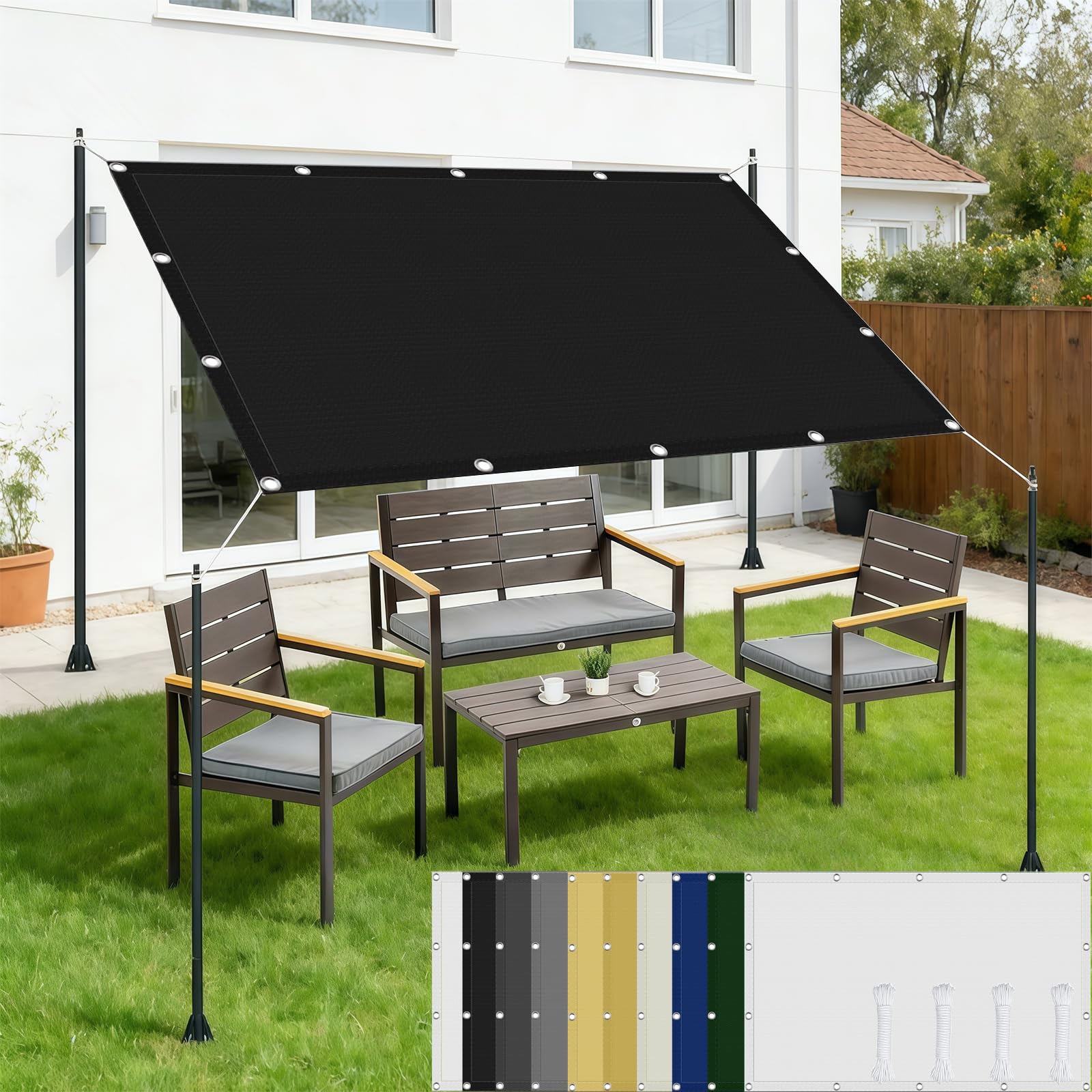 Voile d'ombrage 6.5x9m noir imperméable en polyester anti-UV pour patio