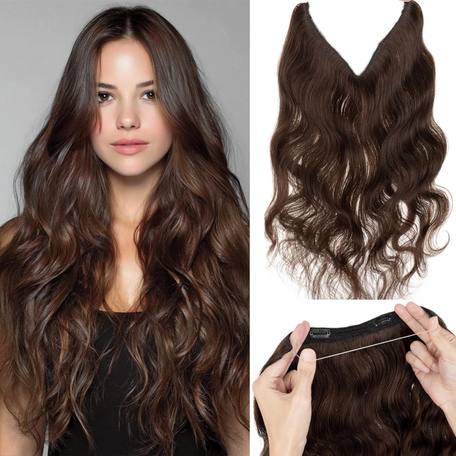 Rich Choices Halo Hair Extensions Real Human Hair-16 Inch Wavy Remy Hairs Halo Extension for Women-Invisible Wire Hairs Extension One Piece Curly Clip in Hairpiece #2R Dark Brown