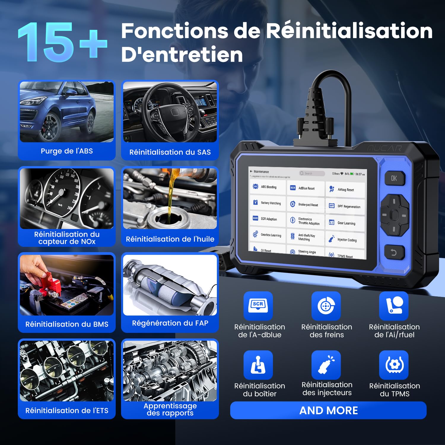 mucar 632 AI Valise Diagnostic Auto,Bidirectionnel OBDII Diagnostic Français, 15 Réinitialisations,Diagnostic de 4 Les systèmes, FCA AutoAuth, CANFD&DOIP, Gratuit à Vie