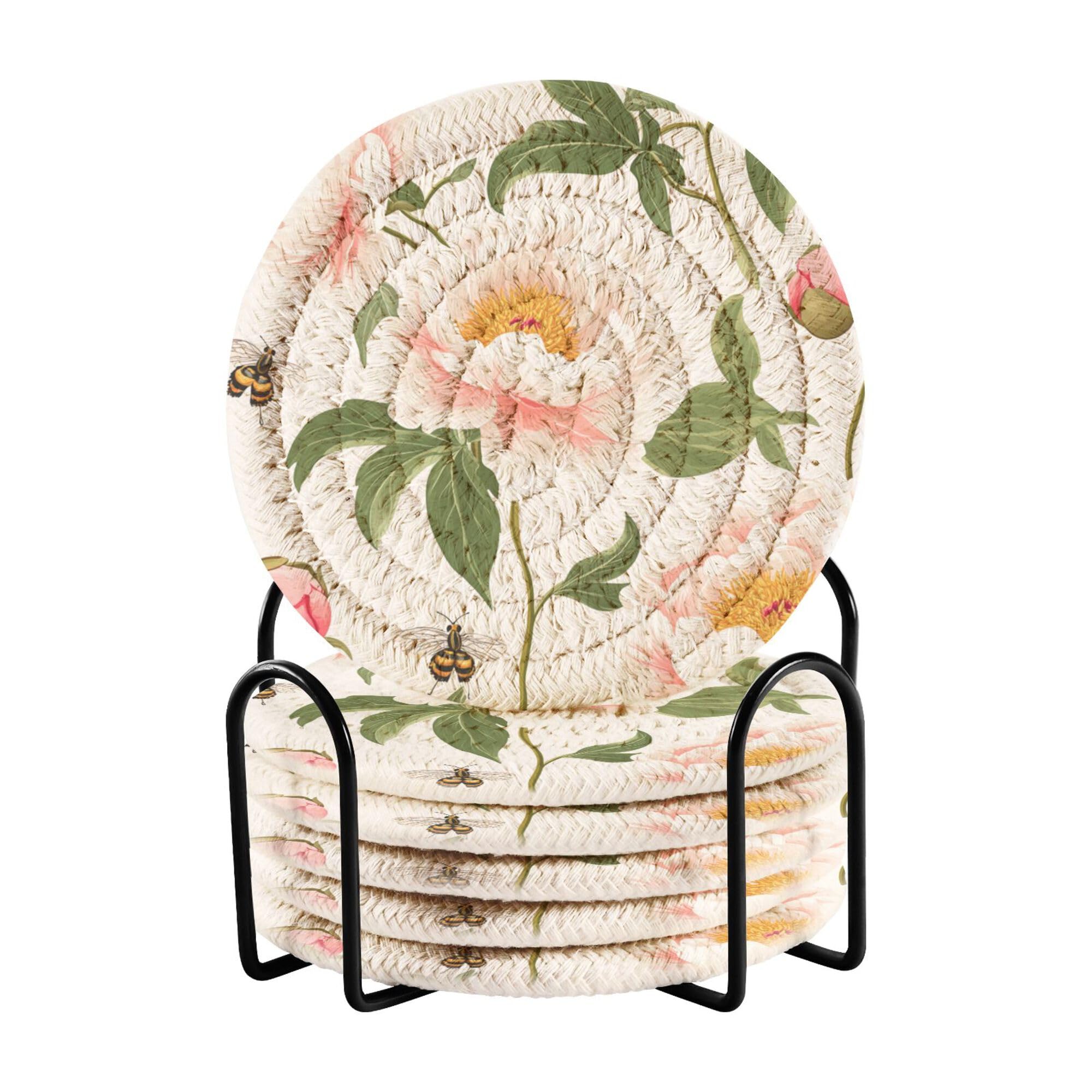 Sweet Peonies White Cotton Rope Drink Coasters Absorbent and Holder Set of 6 Table Coasters