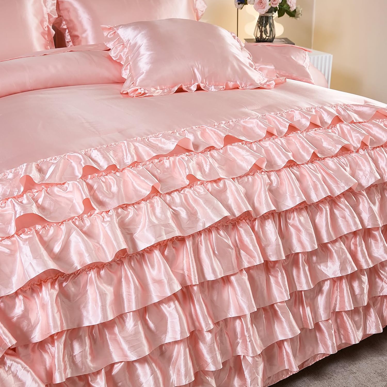 MOVE OVER Pink Satin Comforter Set King Size 8 Pieces Bed in a Bag Farmhosue Shabby Chic Waterfall Ruffle Comforter Set Luxury Silk Like Satin Bedding Set Boho Chic Satin Ruffled Comforter Sets - Image 7