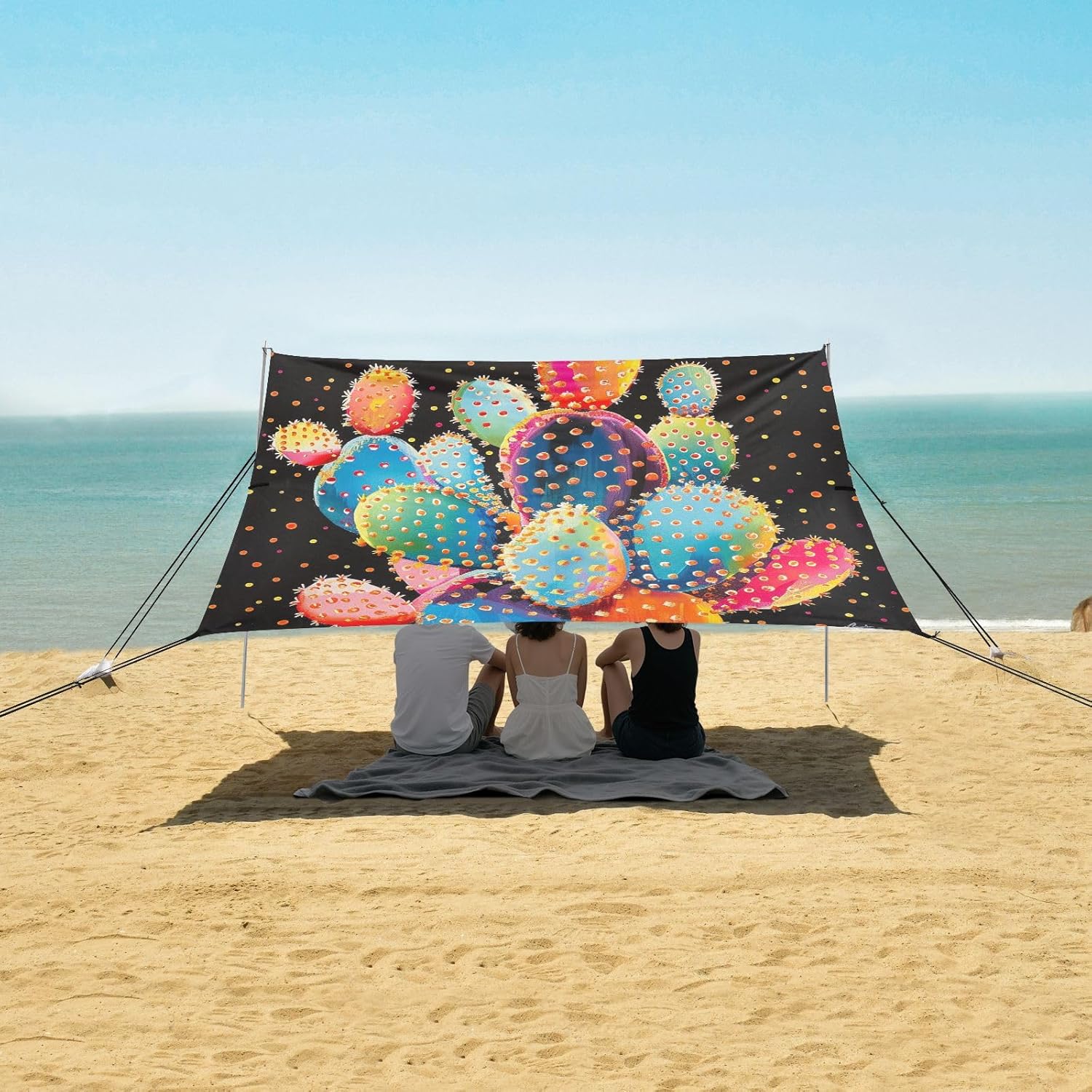 ALAZA Rainbow Cactus Cacti Polka Dots Beach Tent Sun Shelter UPF50+ Protection Beach Shade Canopy w/ 4 Sandbags for Outdoor Camping, Fishing, Backyard Fun, Picnic, 10x9 ft