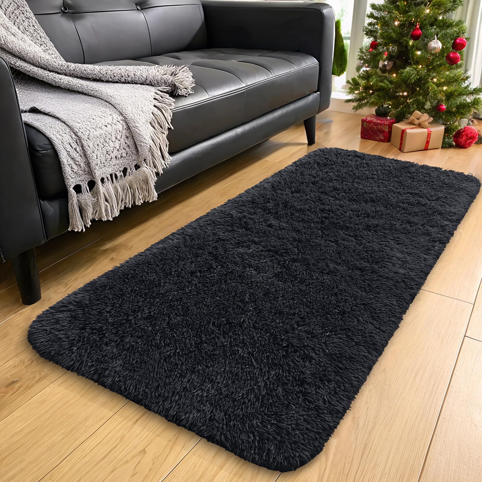 smiry Fluffy High Pile Rugs Living Room, Anti Slip Shaggy Soft Carpet, Machine Washable Modern Large Thick Area Rugs for Bedside, Kids Bedroom - Black, 60 x 100 cm — image 1