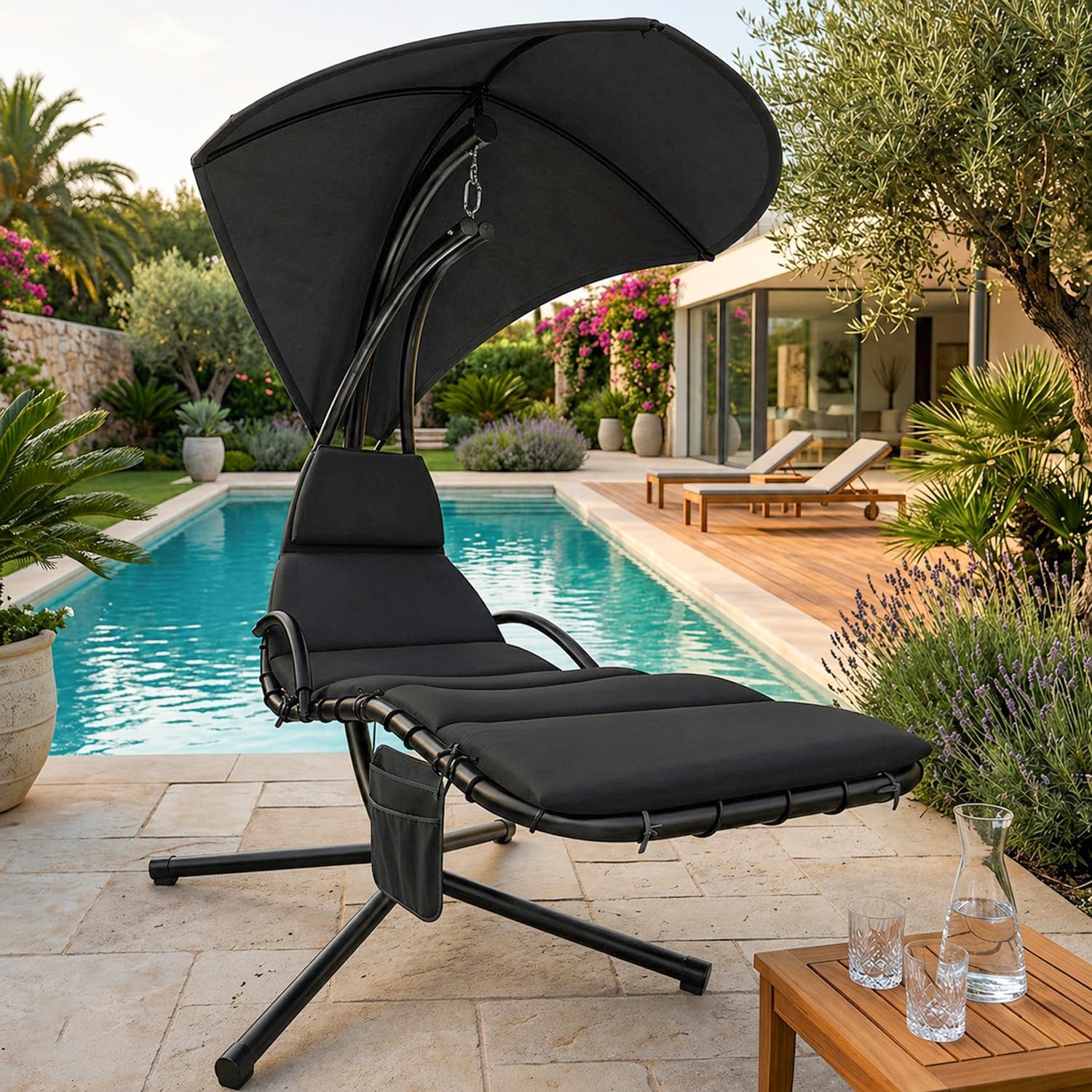 Sdraio Sospesa Con Ombrellone Parasole Integrato E Cuscino Imbottito Ergonomica Amaca Da Giardino In Acciaio E Poliestere Per Esterno Terrazzo E Bordo Piscina 195 x 132 x 197 Cm Nero