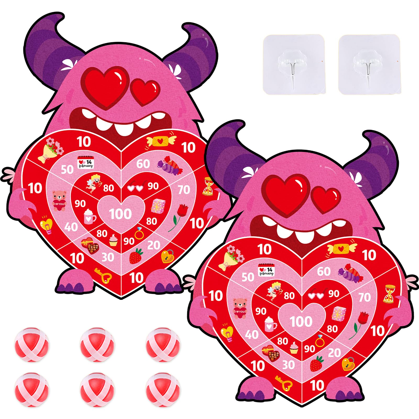 chiazllta 2Pcs Valentine's Day Dart Board Sticky Balls Toys Games Cartoon Monster Darts with 6 Sticky Balls Valentines Dart Board Game for Kids Indoor Outdoor Sports Classroom Gifts Party Games