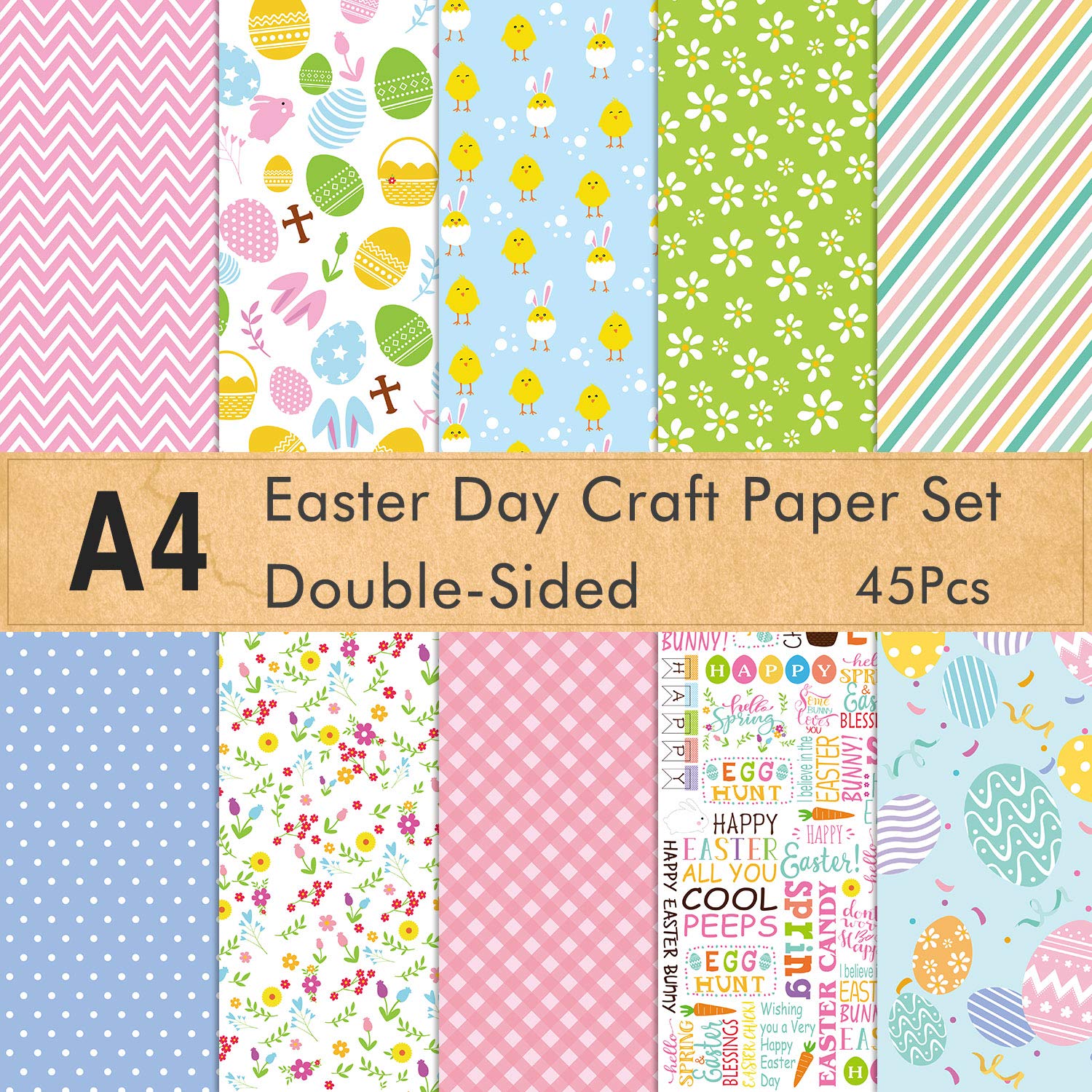 FEPITO 45 Blatt Ostern Muster Papier Set A4 Dekorpapier für die Kartenherstellung Scrapbook Dekoration, Doppelseite 10 Muster