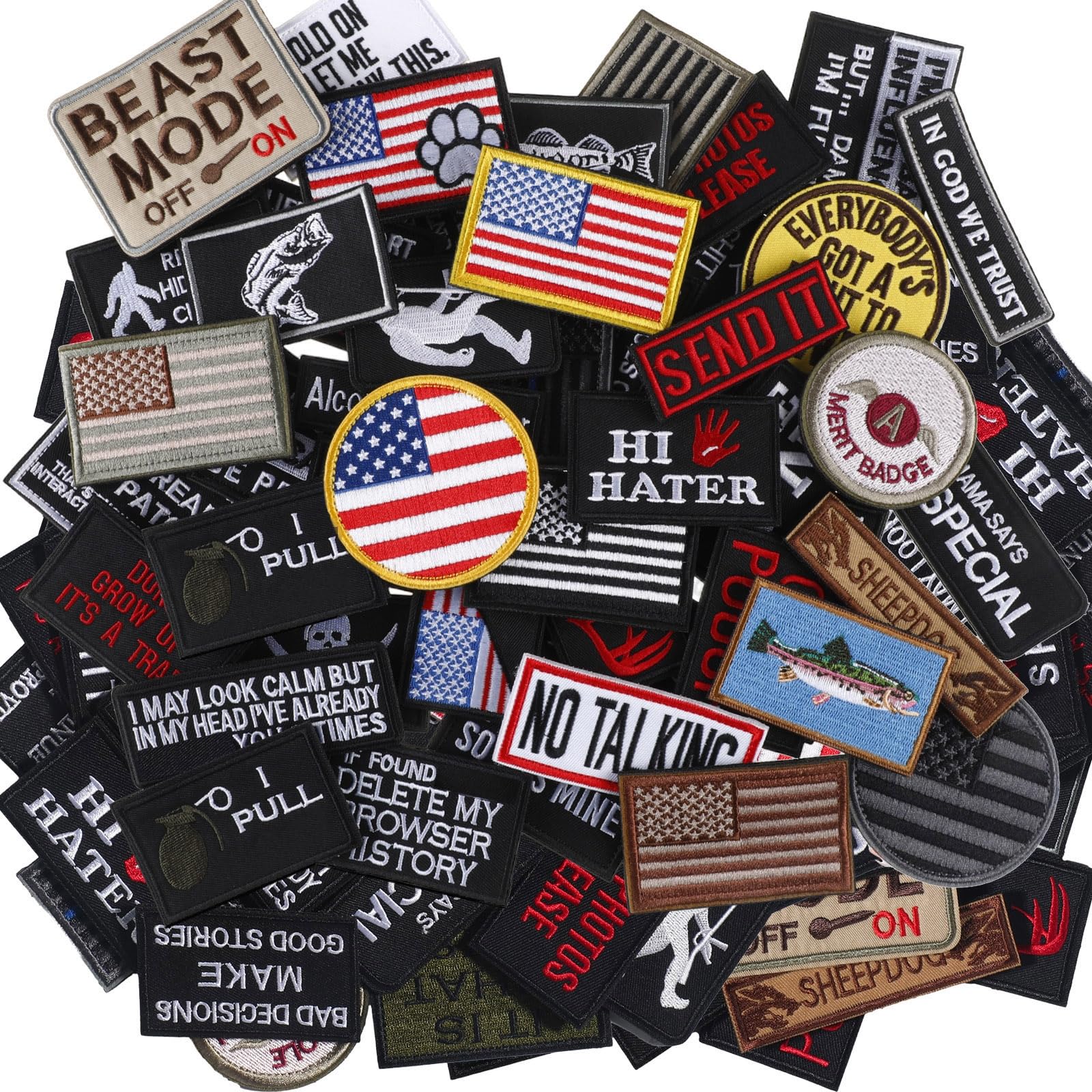 Tigeen 50 Pcs Random Tactical Military Patches Set Funny Morale Backpack Patches Full Embroidered Appliqués with Hook and Loop for Caps, Vests, Jackets, Bags (Various Style)
