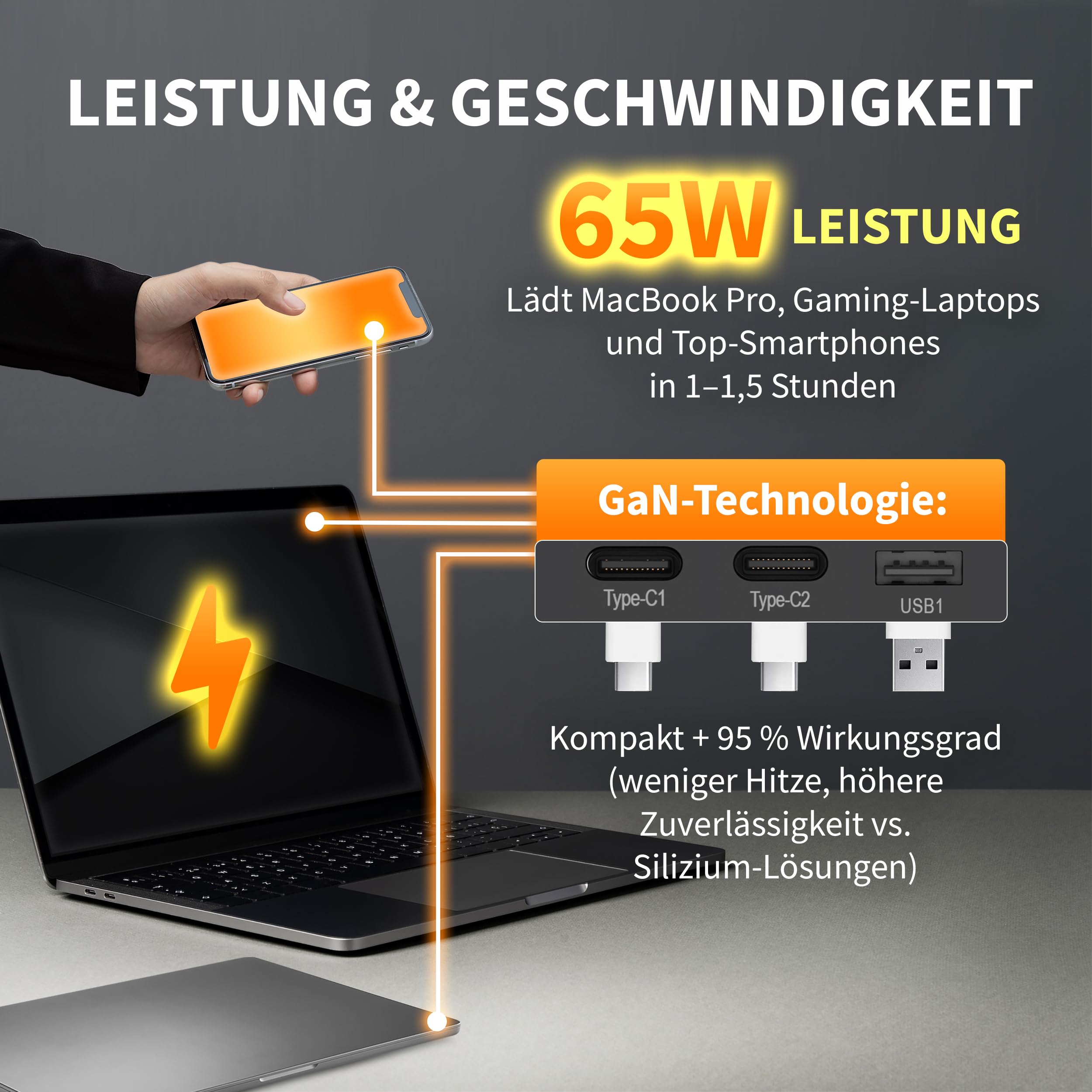PULSAR Steckdose GaN PD 65W Schnellladen 2x USB-С 1 x USB-A mit Wandsteckdose Glas Schwarz Unterputz 157x86mm Kompatibel mit iPhone, Samsung, Laptop
