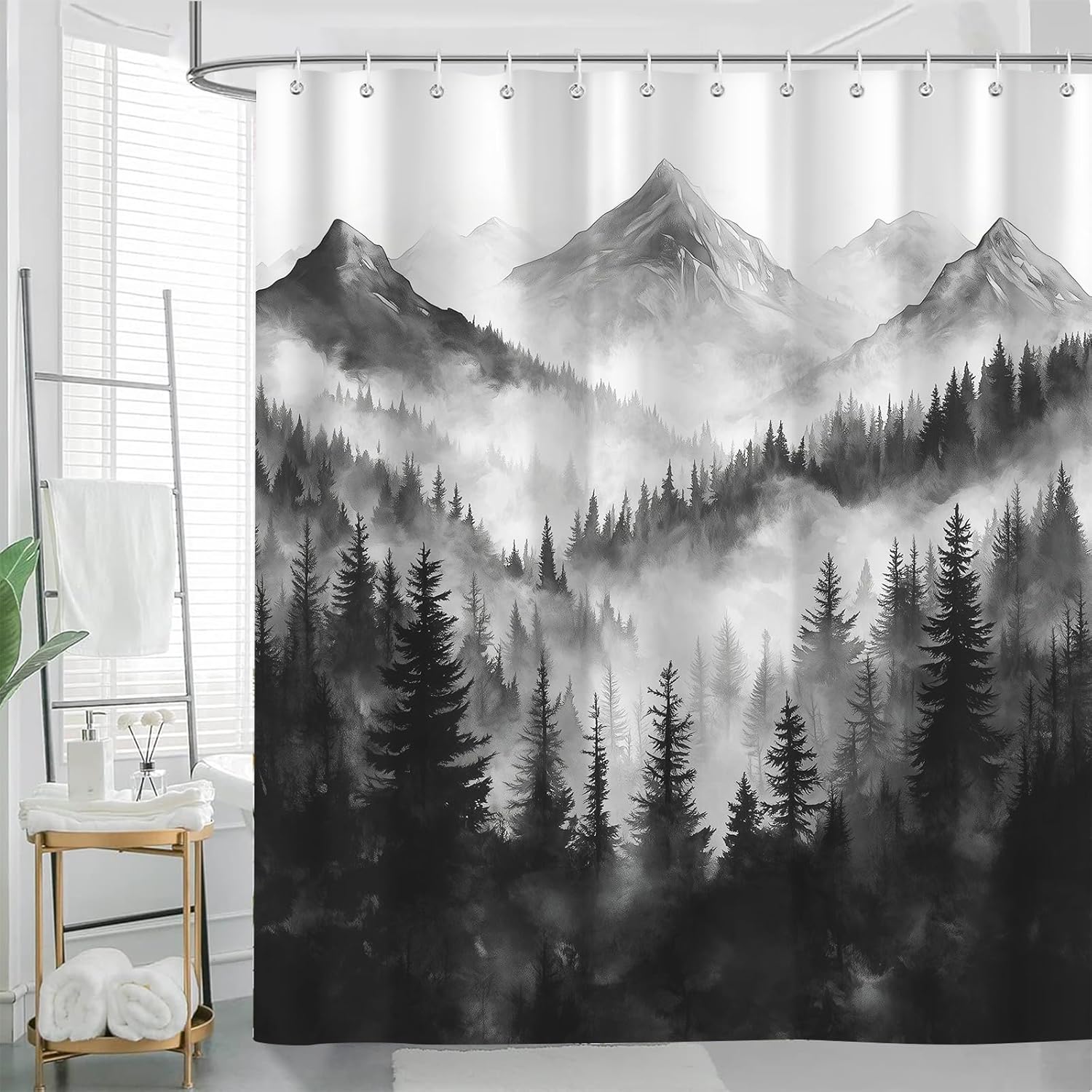 Forest Mountain Shower Curtain, Black and White Nature Misty Foggy Rustic Woodland Pine Tree Shower Curtains for Mens Bathroom Decor, Waterproof Polyester Fabric Bath Curtains with Hooks, 72Wx78H