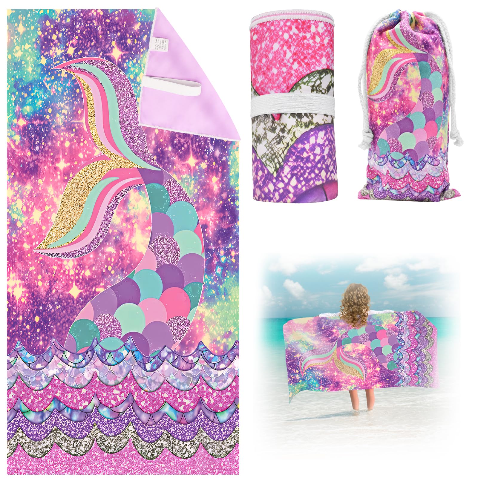 Cyiecw 75x150 cm Meerjungfrau Strandtuch für Mädchen, Schnell Trocknend Strandhandtuch mit Tasche, Mikrofaser Badetuch Ultra Saugfähig für Strand Reise Schwimmen (1)
