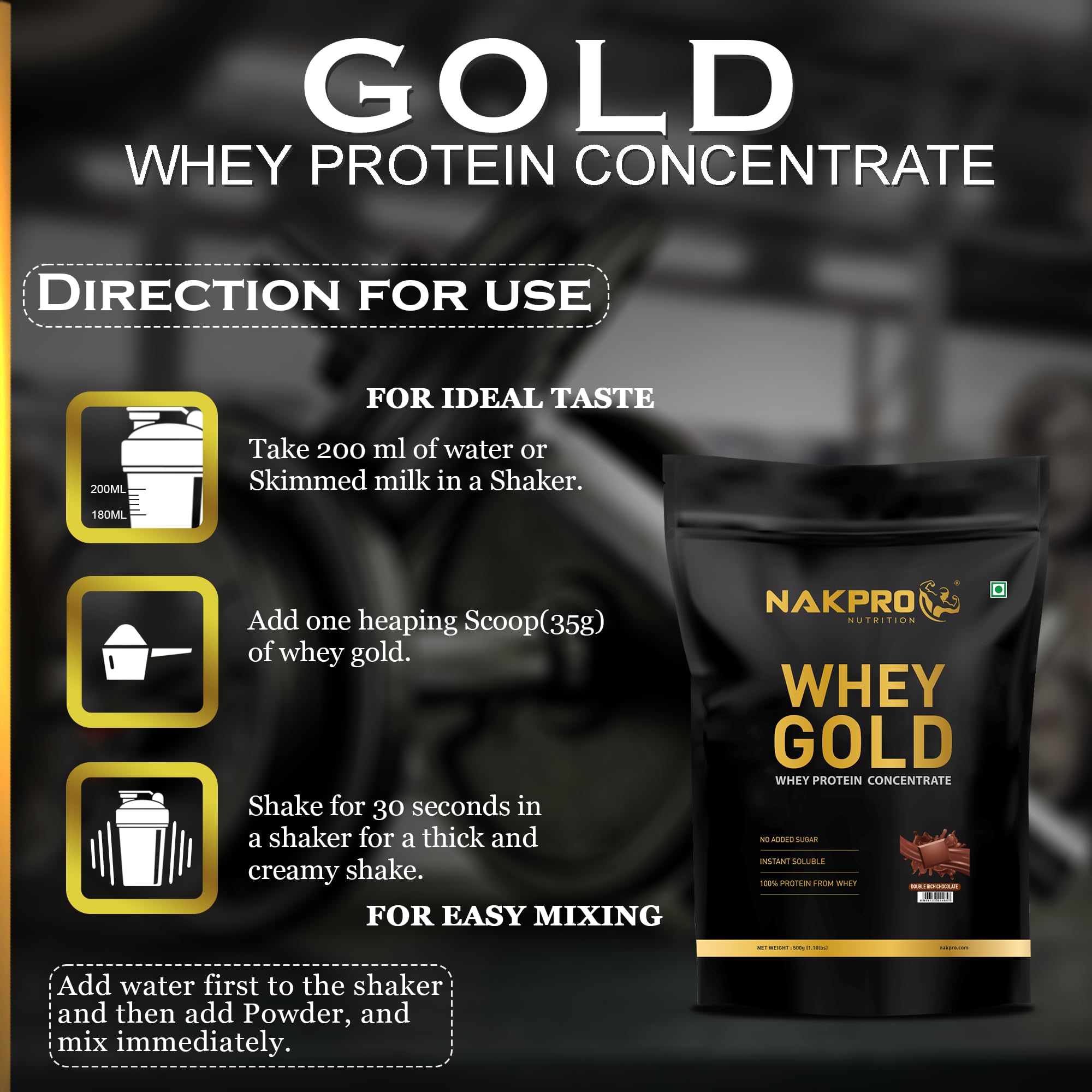 NAKPRO NUTRITION Gold Whey Protein Concentrate & Isolate 500g Double Rich Chocolate flavour | 25.5g Protein, Trustified Certified 2