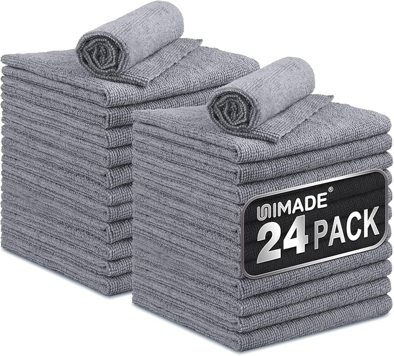UNIMADE Microfiber Cleaning Cloth, 24 Pack Reusable Microfiber Towels | for Cars Lint Free Cleaning Shop Towel Rags for Home Kitchen Automotive Bar Mechanic Restaurant Garage, 11"x 12", Grey