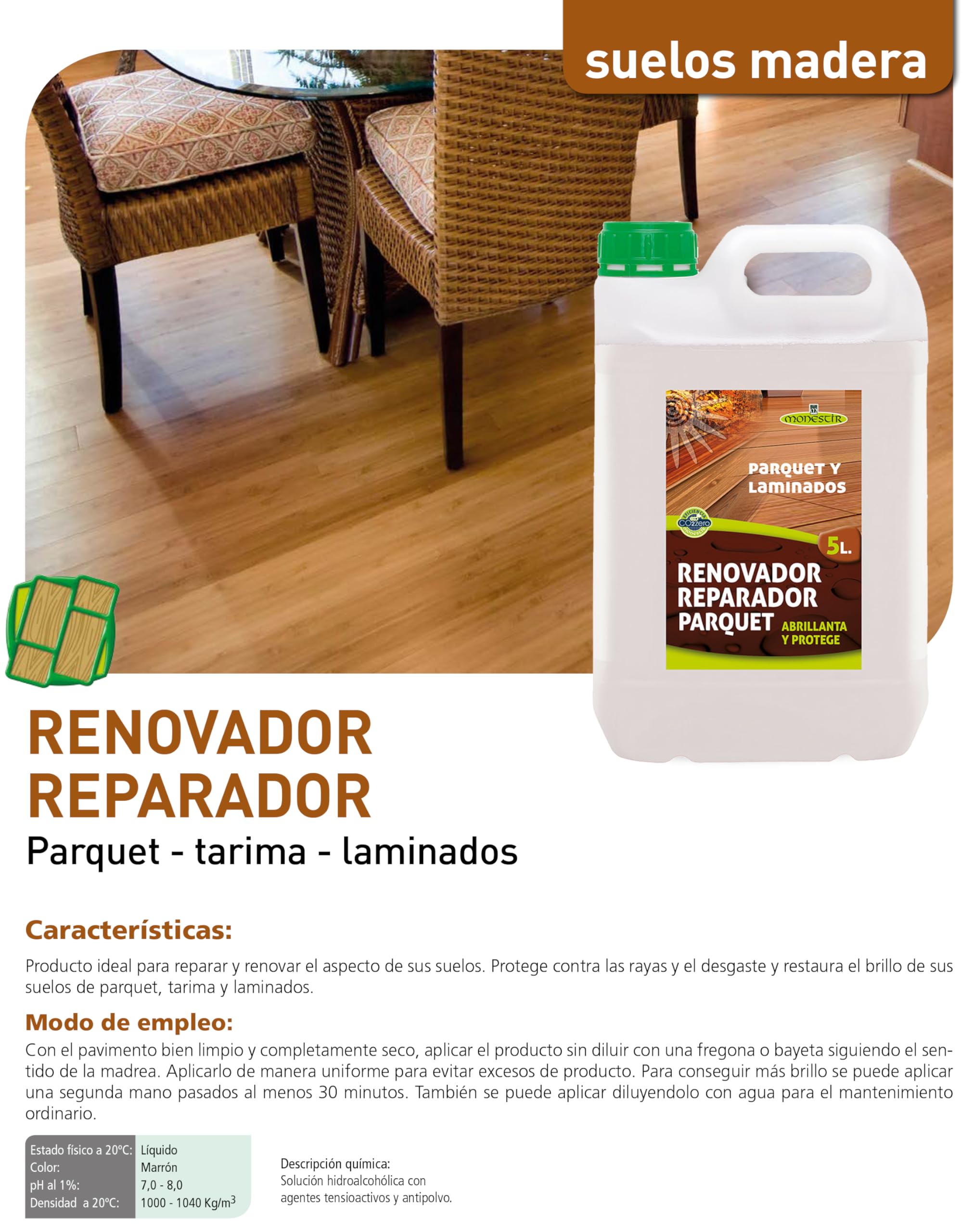MONESTIR - Renovador Reparador Parquet, Suelos Madera y Laminados - 5 Litros