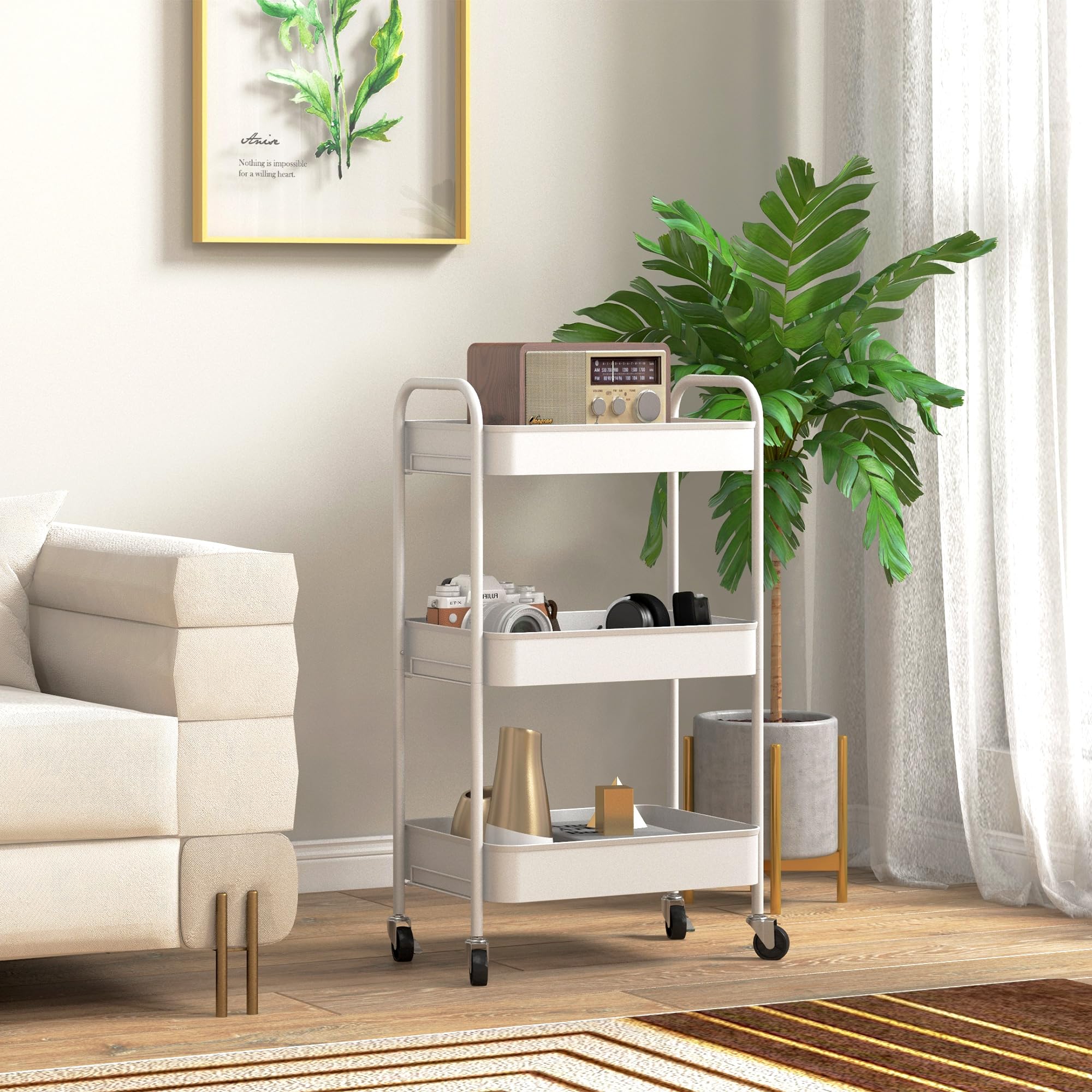 HOMCOM Chariot de Rangement en Acier 3 Niveaux Plateaux ajourés 45 x 30,6 x 79 cm Blanc
