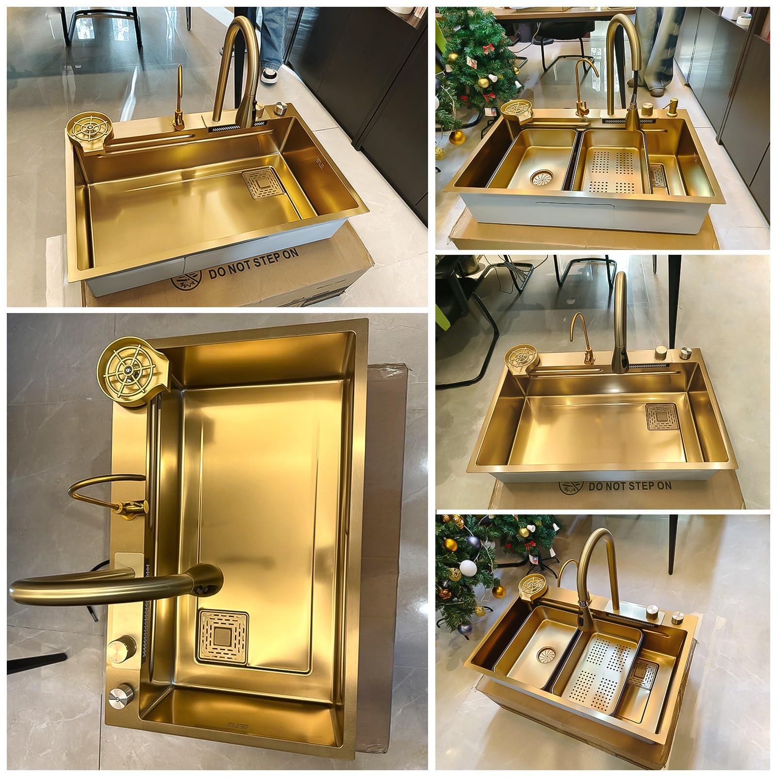 Fregadero de Cocina Grande con escurridor, Fregadero de un Solo Seno para encimera, para instalación empotrada, Acero Inoxidable Essential, Incluye Kit de desagüe Completo (Dorado,