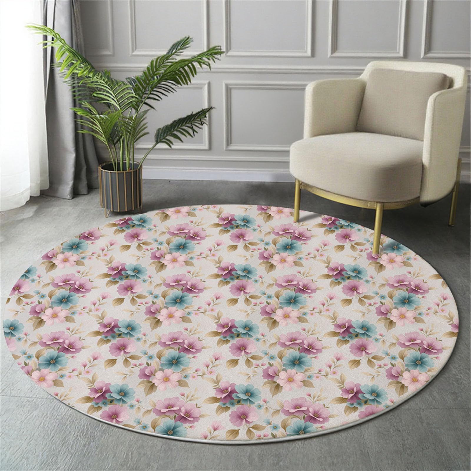 Tapis pour enfants rond bleu poudre 160cm à imprimé floral de style bohème pour chambre fille