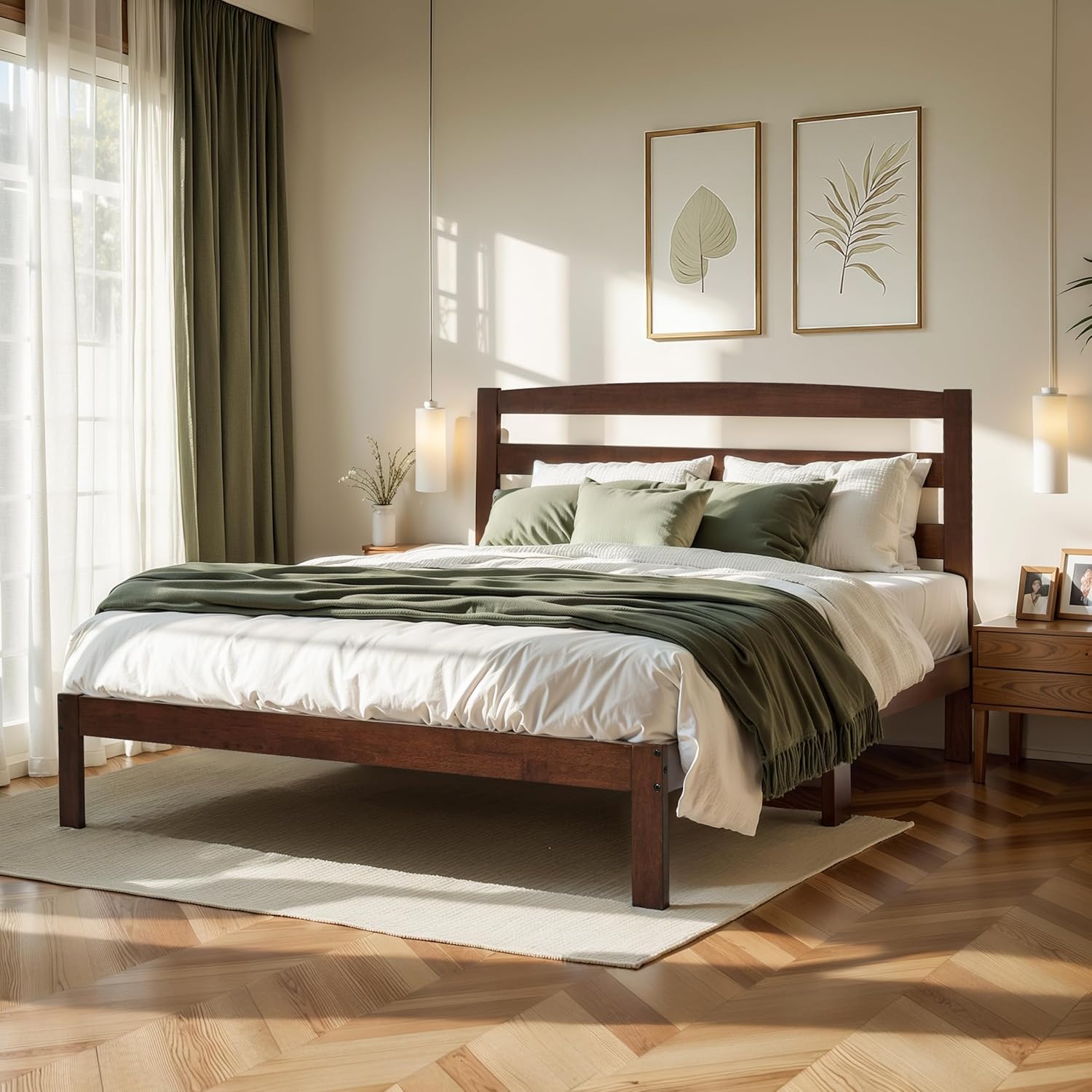 Hokway Wood King Bed Frame-No Wobble, Noise-Free, Easy Assembly with Precise Holes, 12" Wood Slat Support, No Box Spring Needed (Walnut, with Headboard)