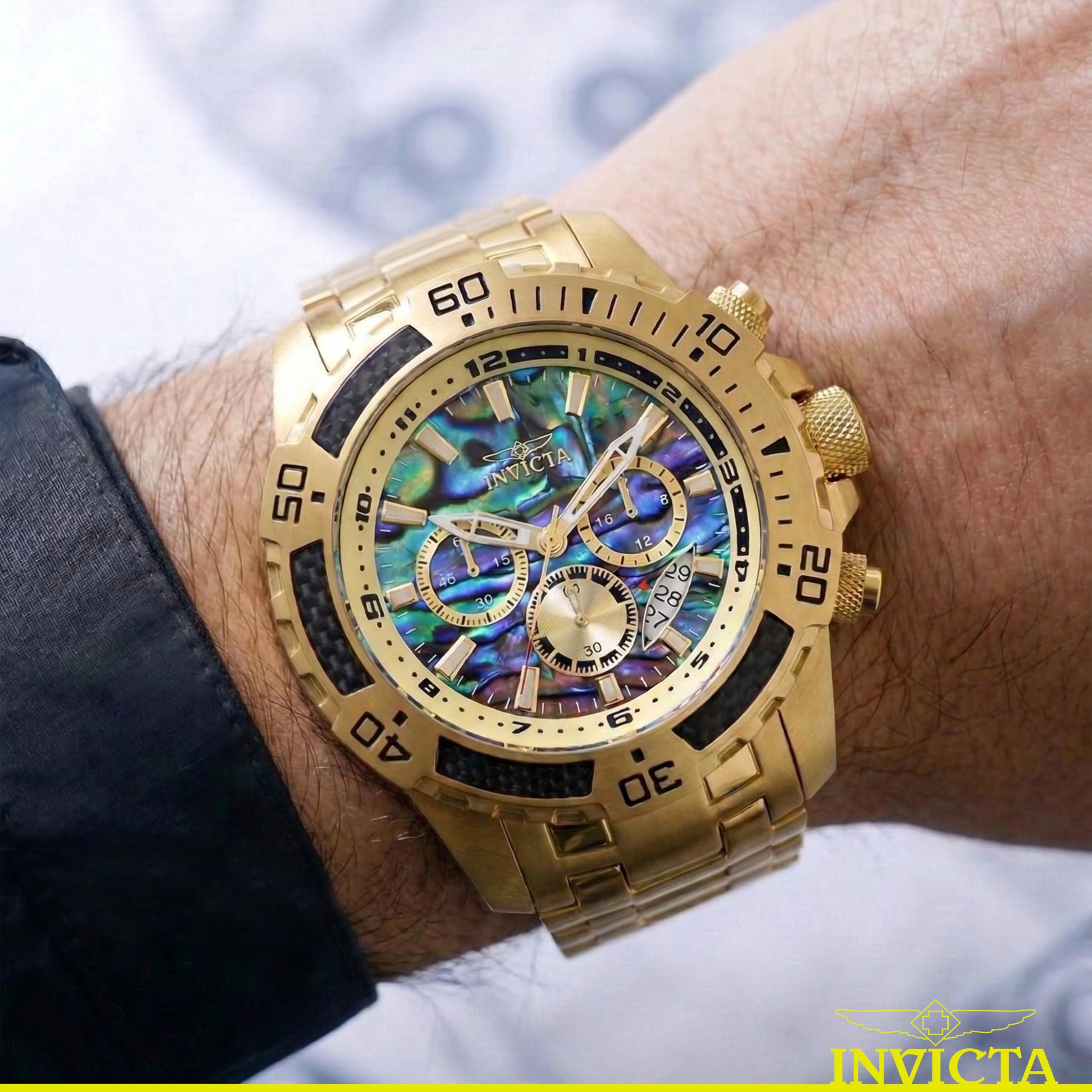 Invicta Męski zegarek Pro Diver Scuba kwarcowy chronograf z włókna węglowego ramka Abalone tarcza bransoletka zegarek, 50 mm, Złoty, 51MM, Nurek