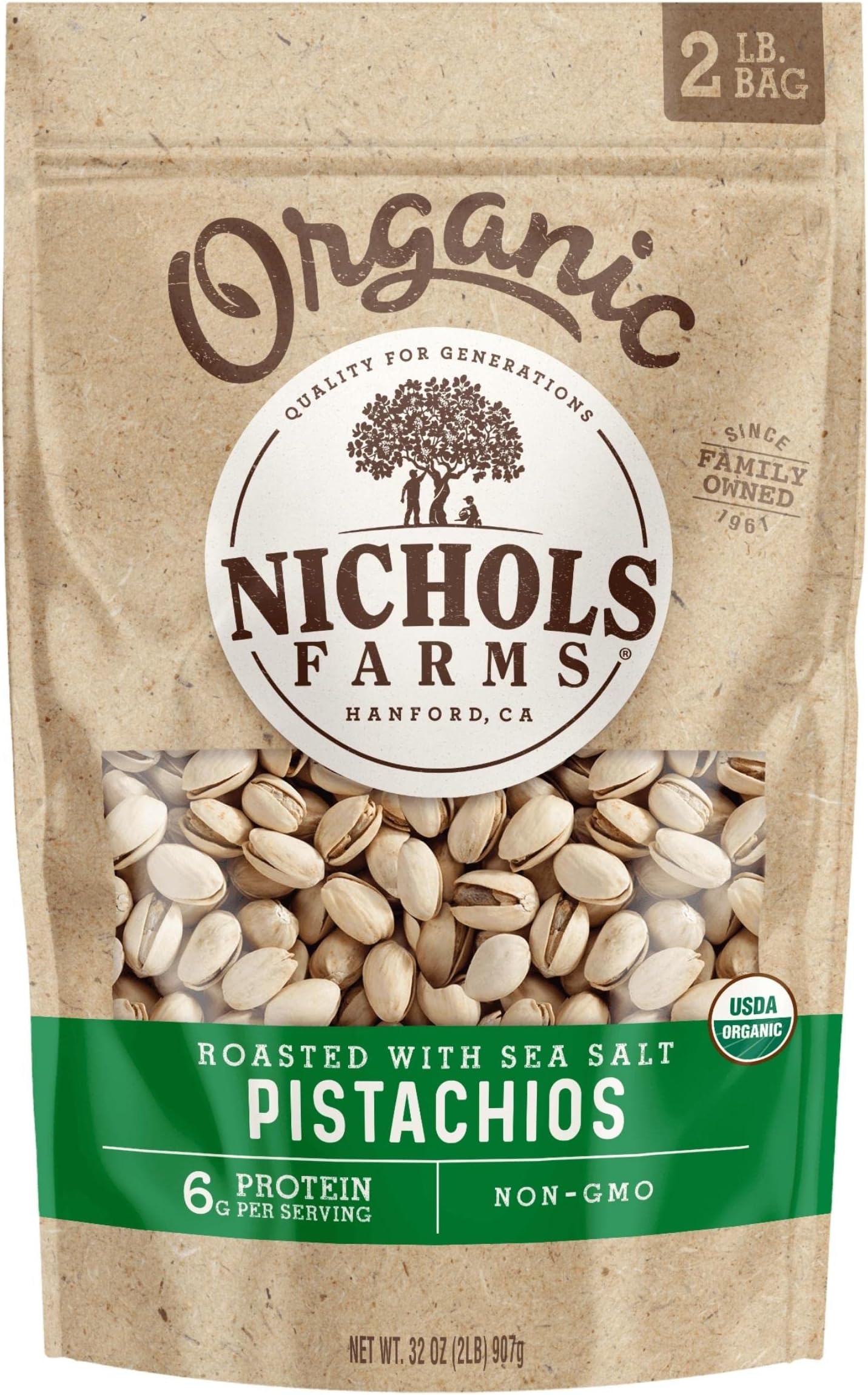 Nichols Farms California Pistachios Roasted Salted, Organic With Sea Salt, 32-Ounce Bag
