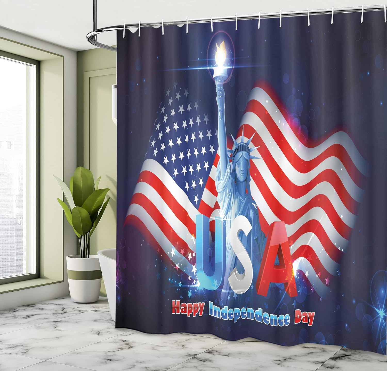 Ambesonne 4th of July Shower Curtain, Liberty Design Holding Justice Liberty Graphic Design Illustration, Cloth Fabric Bathroom Decor Set with Hooks, 69" W x 70" L, Multicolor Night Blue