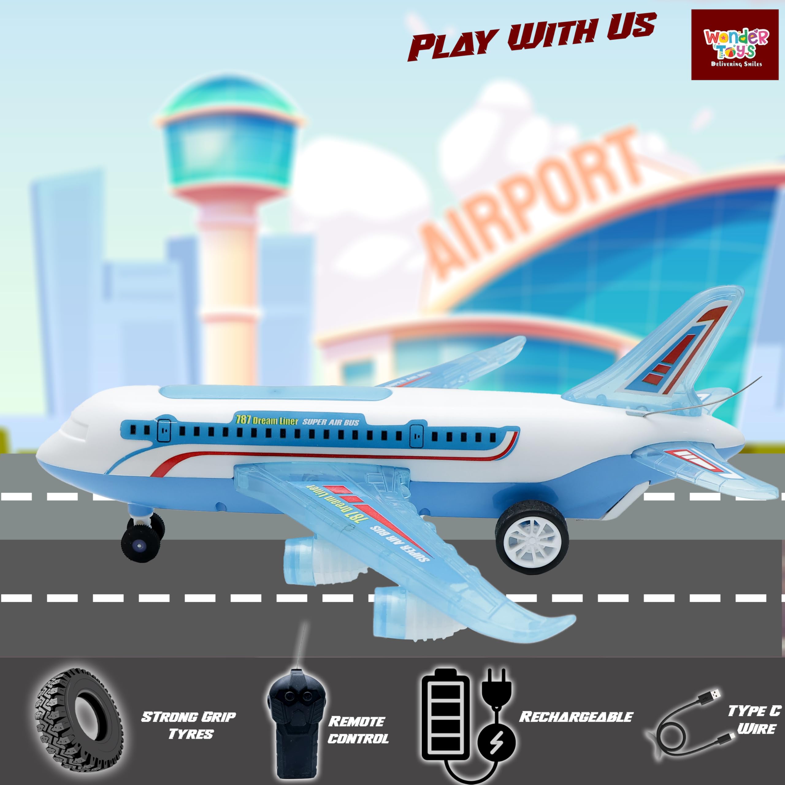 Wonder A-787 RC Airplane Toy Exciting Full-Body Lights & Realistic Sounds for Kids (Blue) 2