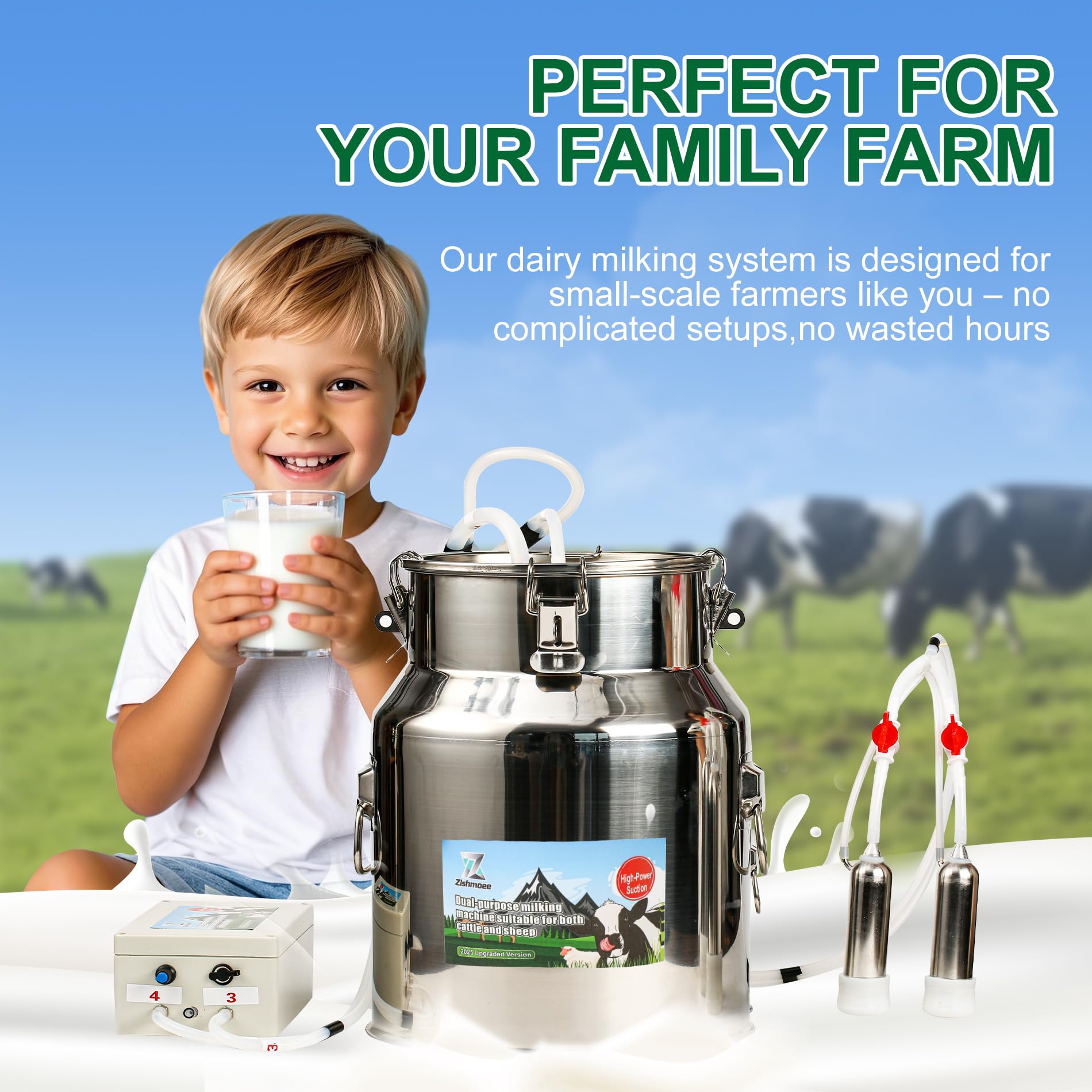 Condition photo showing New/Like New for upgrade 2-in-1 goats and cows milking machine, 3.7gal/14l food-grade stainless steel bucket with 5200mah built-in rechargeable battery, 4 teat cups, cordless pulsation vaccum electric milking machine