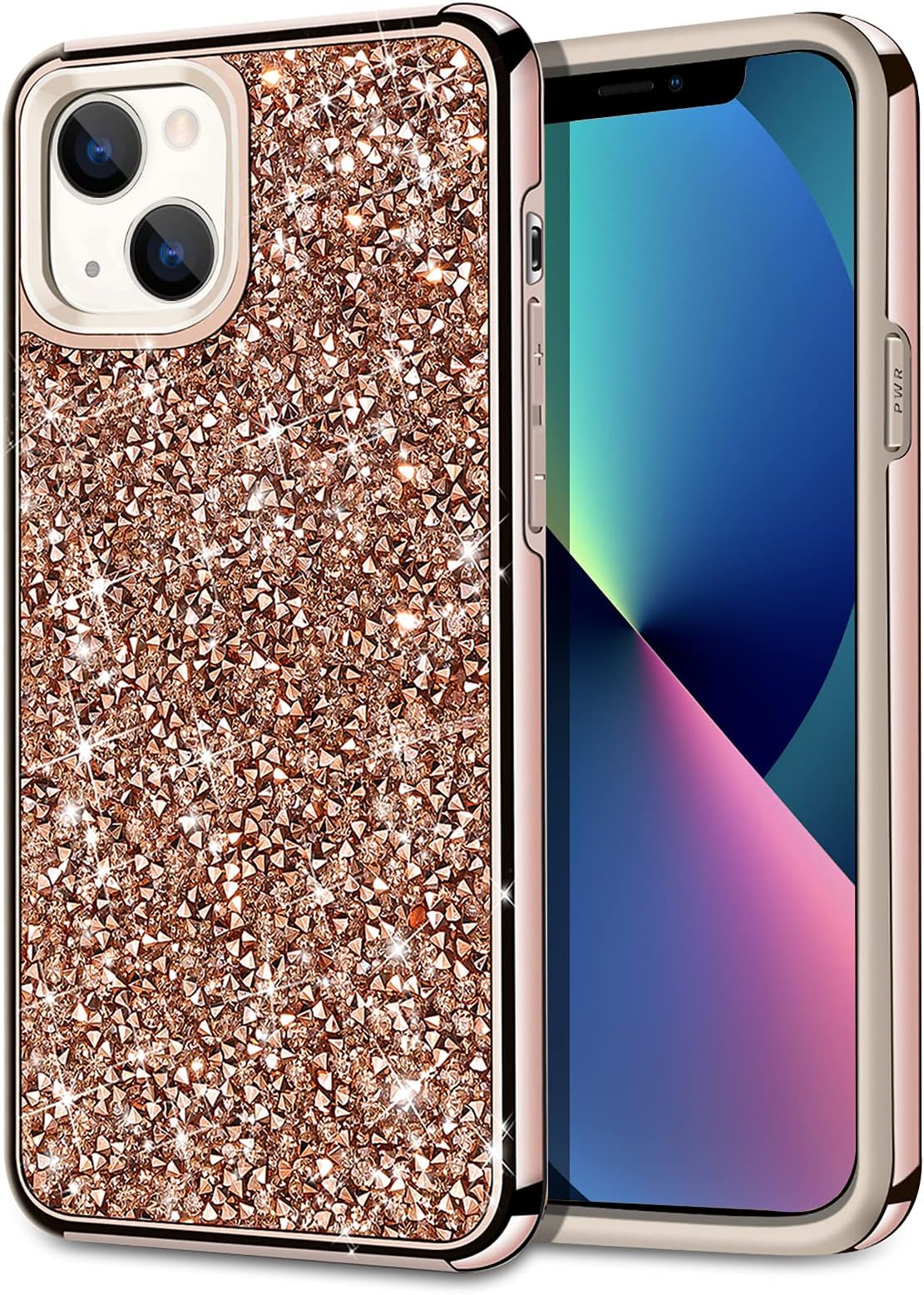 HoneyAKE Compatible with iPhone 13 Case Glitter Rhinestone Bling Diamond Case for Girls Women Shockproof Handmade Dual Layer Bumper Anti-Slip Protective Phone Cover for iPhone 13 6.1 inch Rose Gold