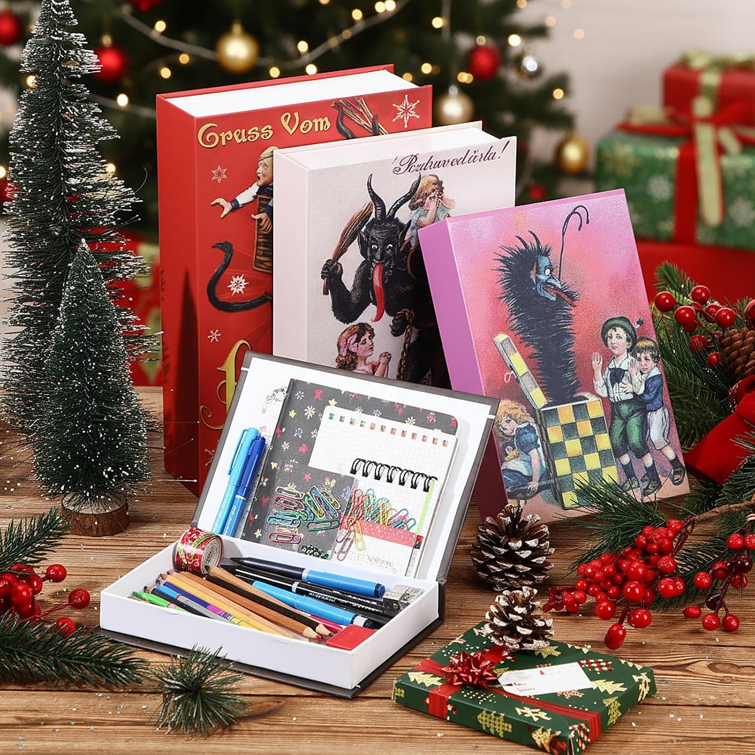 Cholemy Set of 4 Christmas Decorative Faux Book Storage Box Vintage Paper Table Centerpieces Christmas Holiday Shelf Decor with Hidden Storage for Home Bookshelf Office Table Decor (Krampus Style)