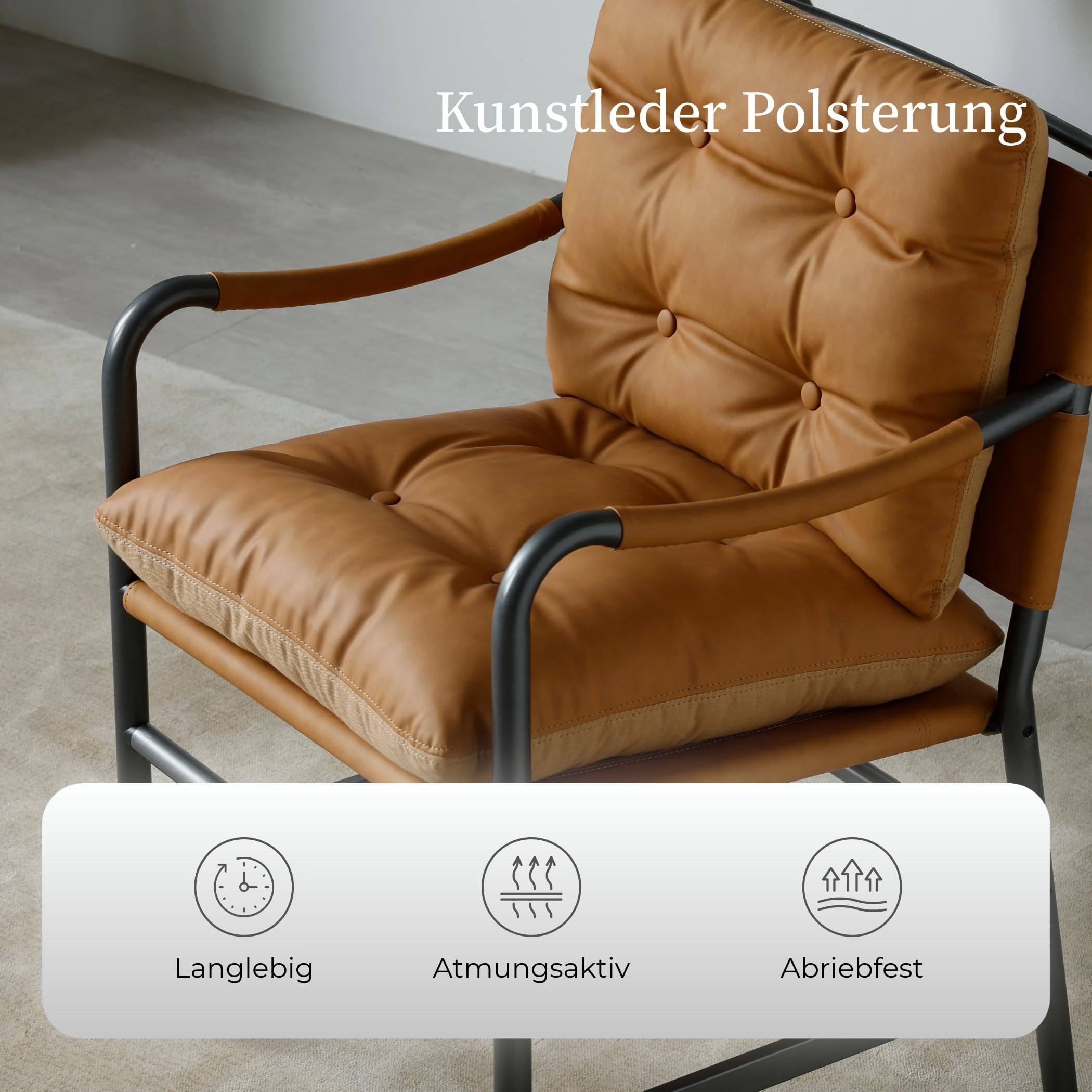 Fauteuil vintage en cuir, chaise lounge industrielle avec cadre en métal