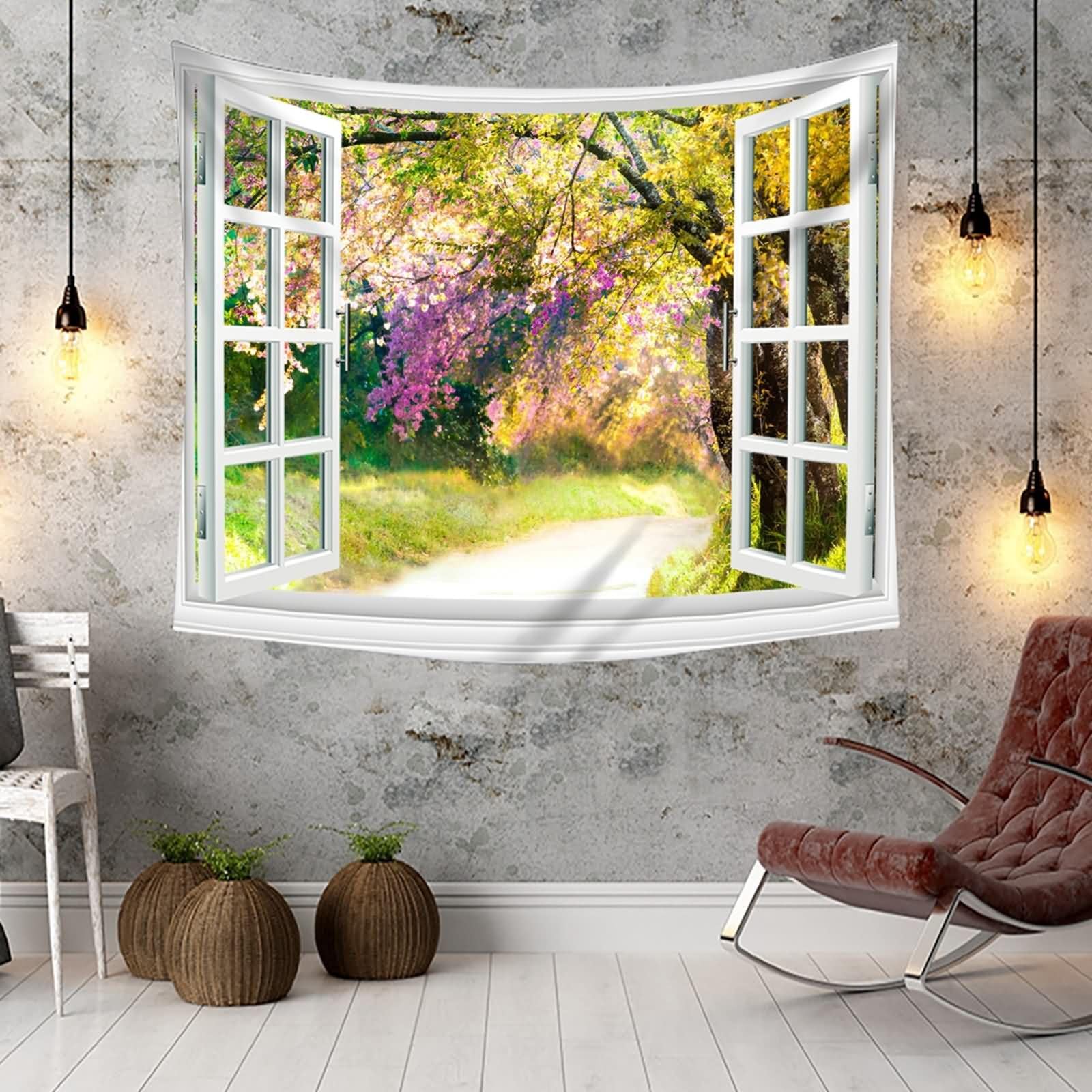 Homxi Tapiz Sofa 200 x 200 CM,Paisaje Natural de Ventana Tapices de Sofá Poliéster Blanco Verde