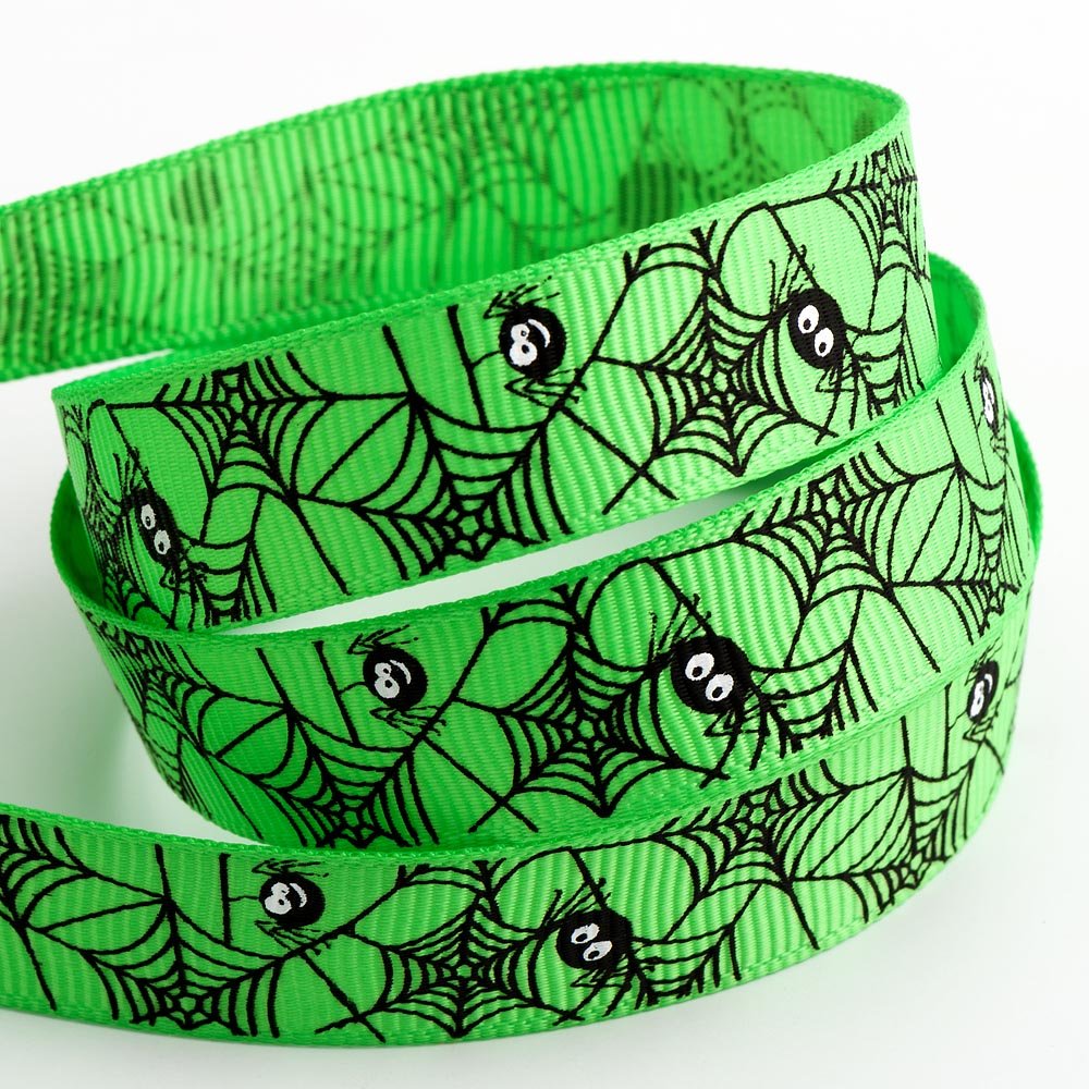 Italian Options Spider Web Halloween Ribbon, 16mm x 5 Metres, Green Grosgrain