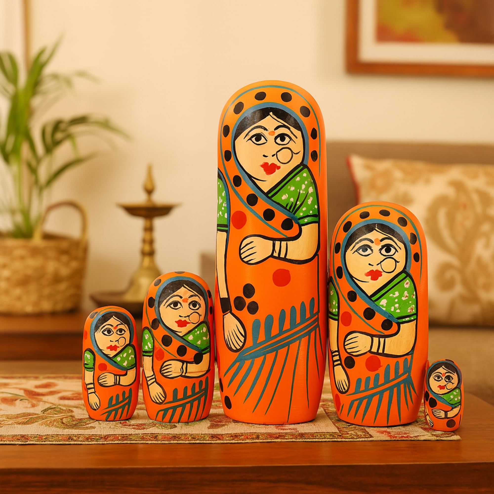 Fine Craft India Set of 5 Piece Orange Hand Paint Cute Wooden Russian Matryoshka Stacking Nested Wood Dolls 1