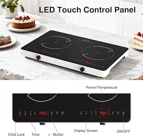 Miniatura 3 de Placa de cocción de doble inducción, quemador de inducción de 2 quemadores, 20 niveles de temperatura y potencia, estufa eléctrica portátil,