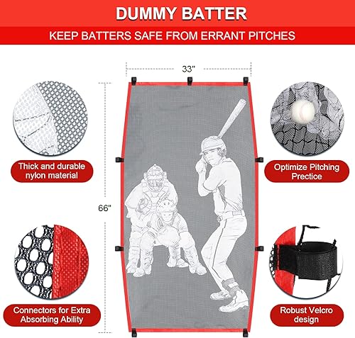 Miniatura 6 de Red de práctica de sóftbol de 7 x 7 pies, red de lanzamiento y bateo con camiseta de béisbol, maniquí de bateo, zona de ataque y marco de arco