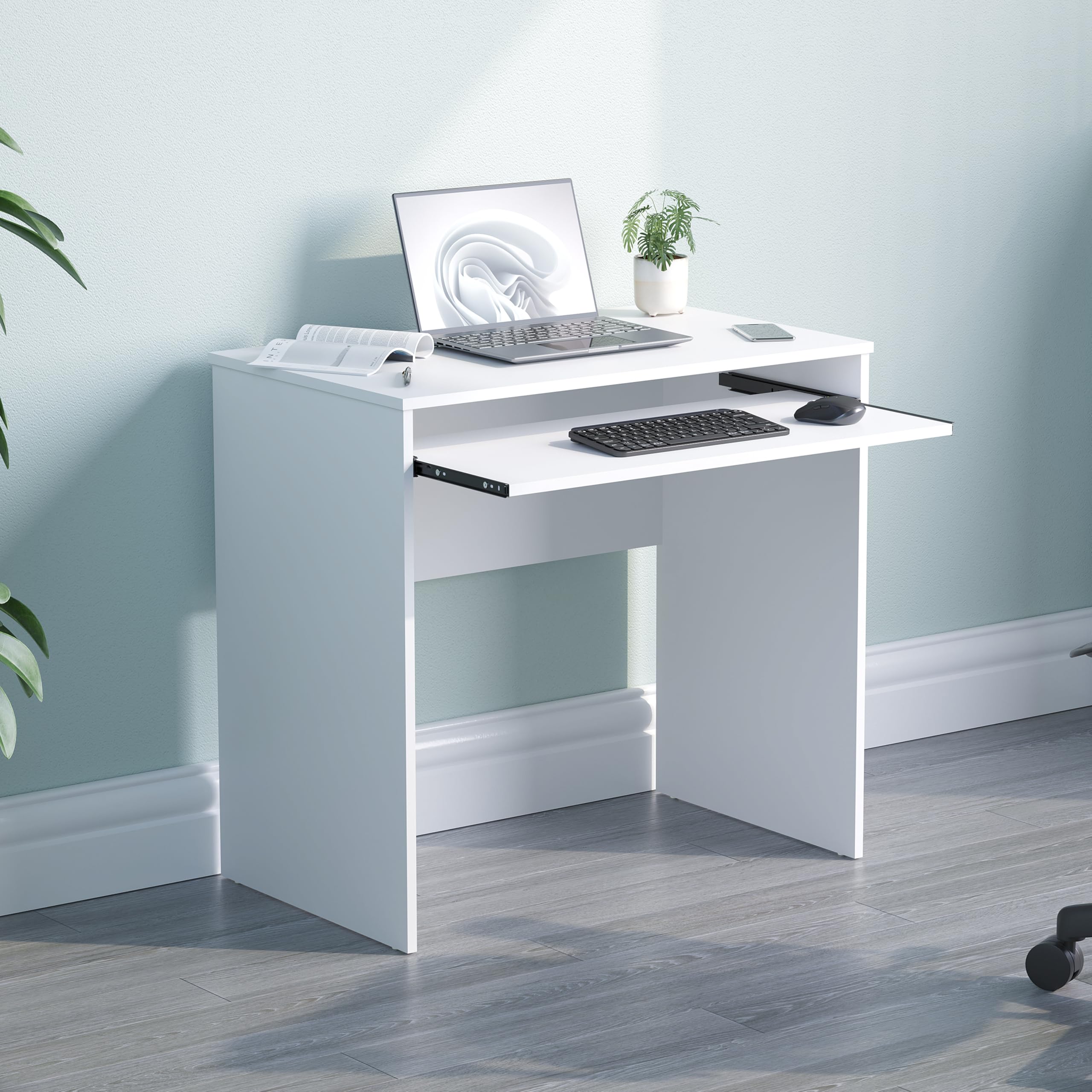 Vida Designs Huby - Escritorio pequeño para ordenador, oficina en casa, mesa compacta para PC/ordenador portátil, portátil de estudio, estación de trabajo con bandeja de teclado, muebles, blanco