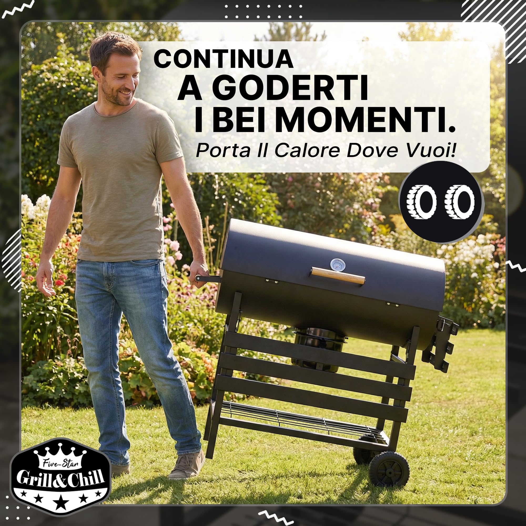 Grill & Chill Barbecue a Carbone 71×35 cm Coperchio con Termometro Acciaio Nero