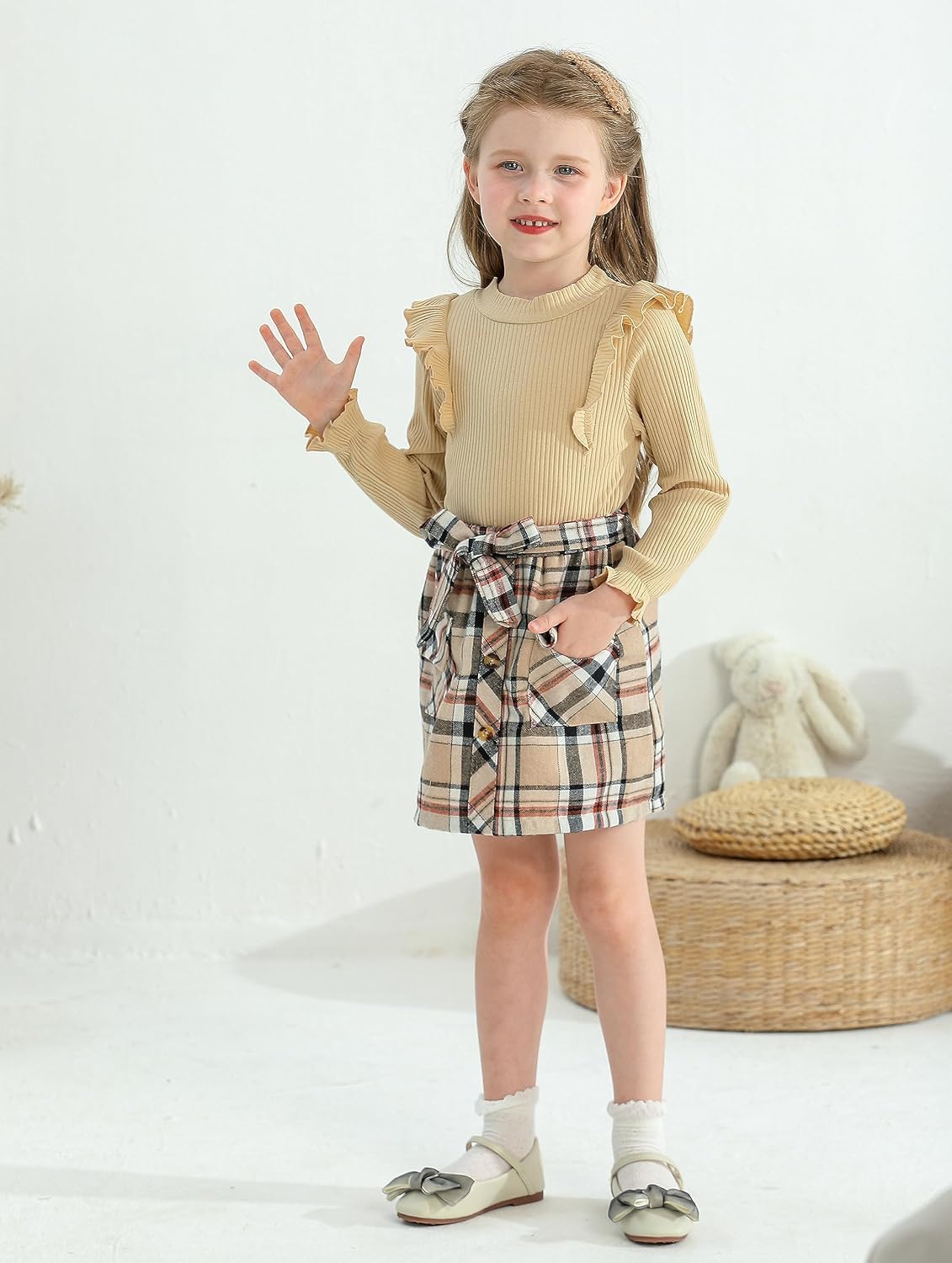 Weixinbuy Toddler Girl Fall Winter Clothes Solid Long Sleeve Ribbed T-Shirt Knit Tops Plaid Button Mini Skirts Set Outfits