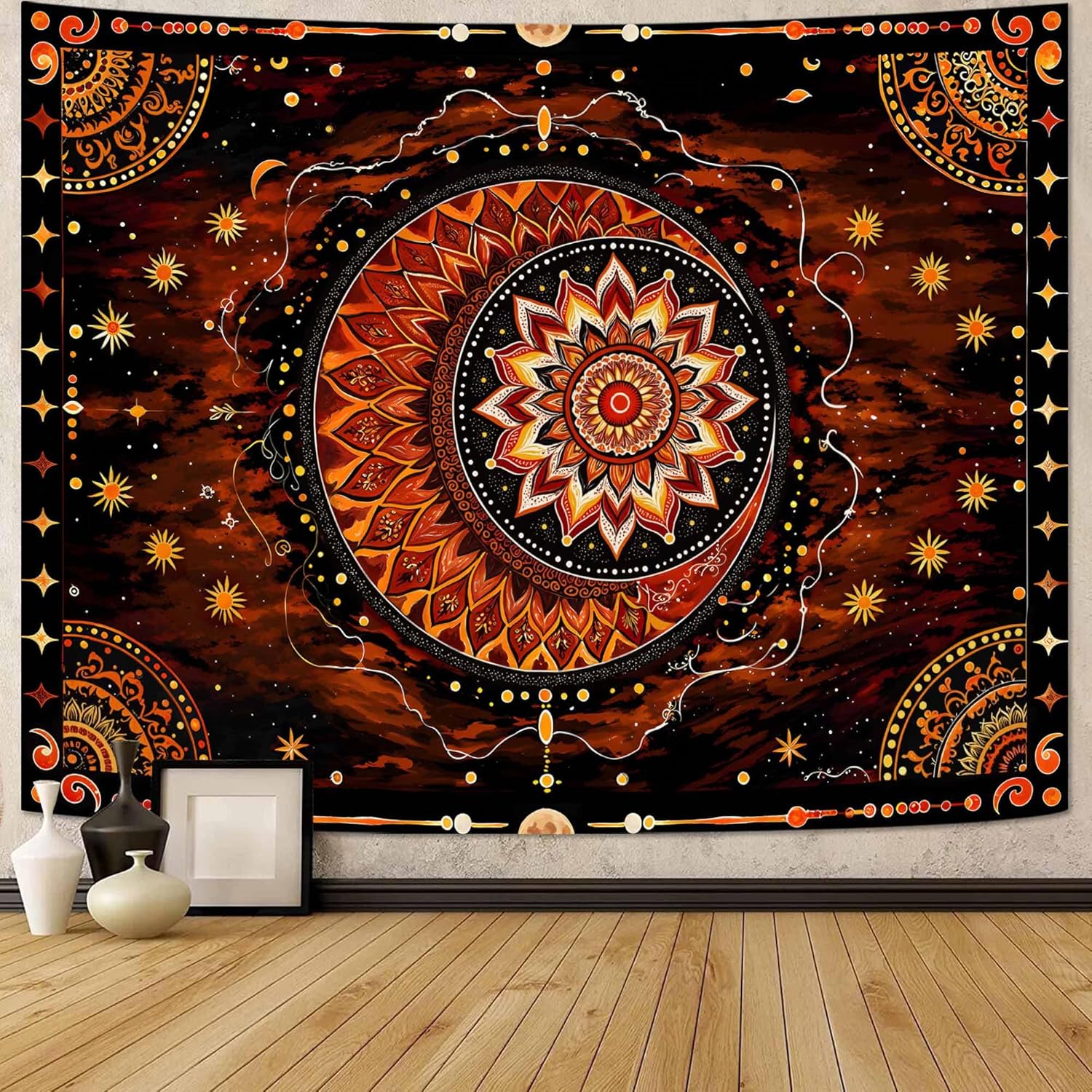 Wegklazax Celestial Mandala Tapestry, Sun Moon Floral Wall Art for Room Decor, Warm Bohemian Mystical Home Decor 80" L x 60" W