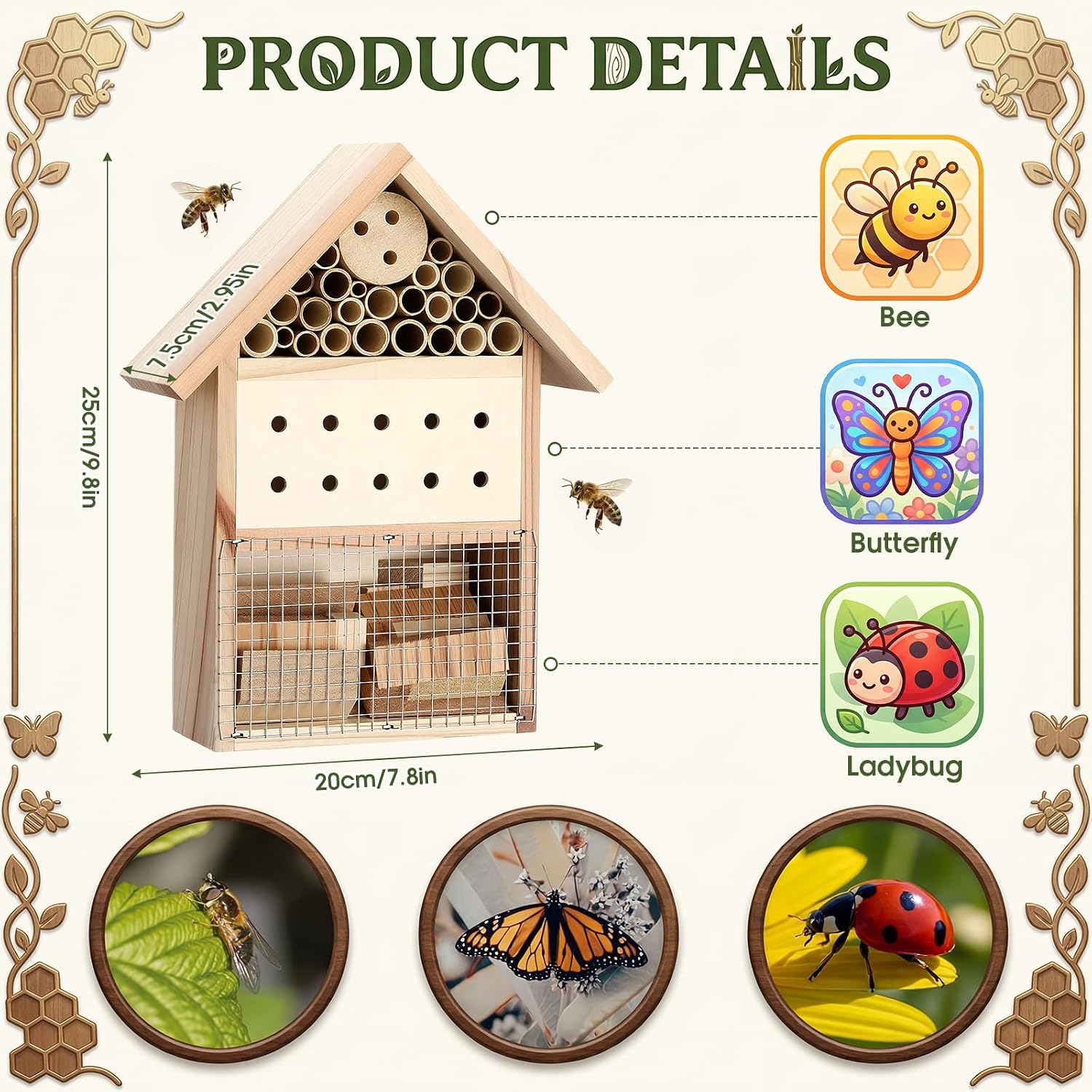 2 Pcs Wooden Bee Houses for Garden Insect Hotel for Ladybug, Mason Bee, Bugs Outdoor Hanging Natural Beneficial Insect Habitat for Garden and Yard, 9.8 x 7.8 x 2.95 Inch