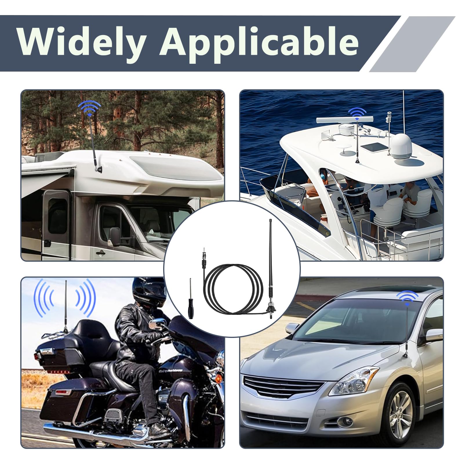 Antenna Radio Marine per Barca, Antenna AM FM 16 Pollici Universale in Gomma Flessibile per Auto Barche Jeep Trattori Veicoli da Costruzione Alta Stabilità, Cavo di Prolunga 140 cm, 180 Gradi Rotabile