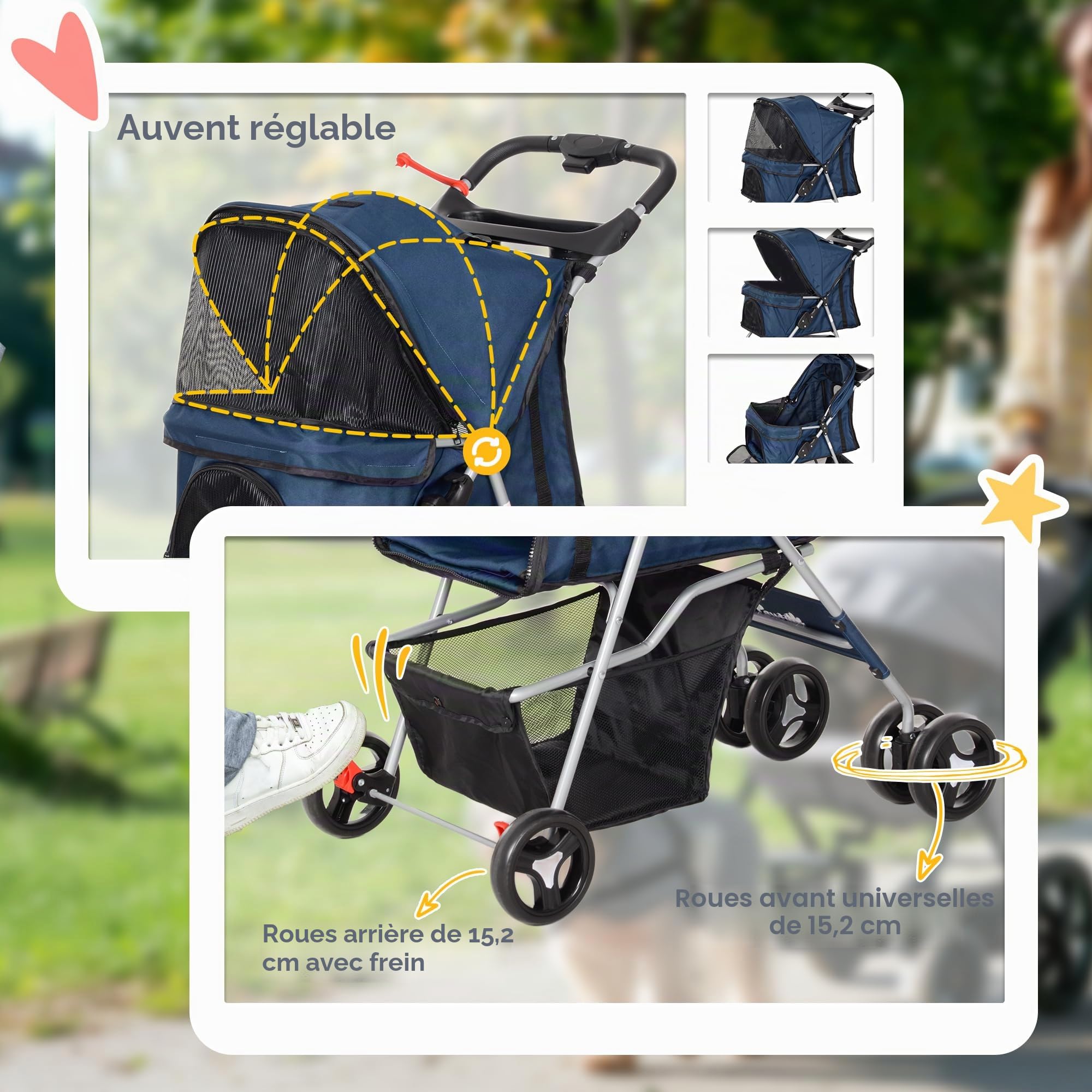 PawHut Poussette pliable pour chien, 15 kg, 77x45x99,5 cm, Bleu foncé
