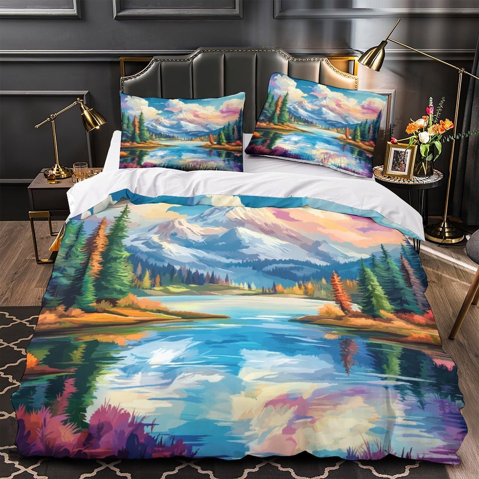 Housse de couette montagne 3D grand lit de style artistique pour chambre d'enfants et garçons