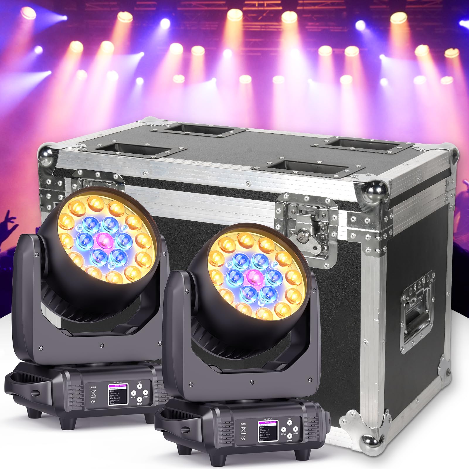 2 Unités 19x15W Lyre LED Beam Wash Zoom Effet de Lumière Disco Projecteurs