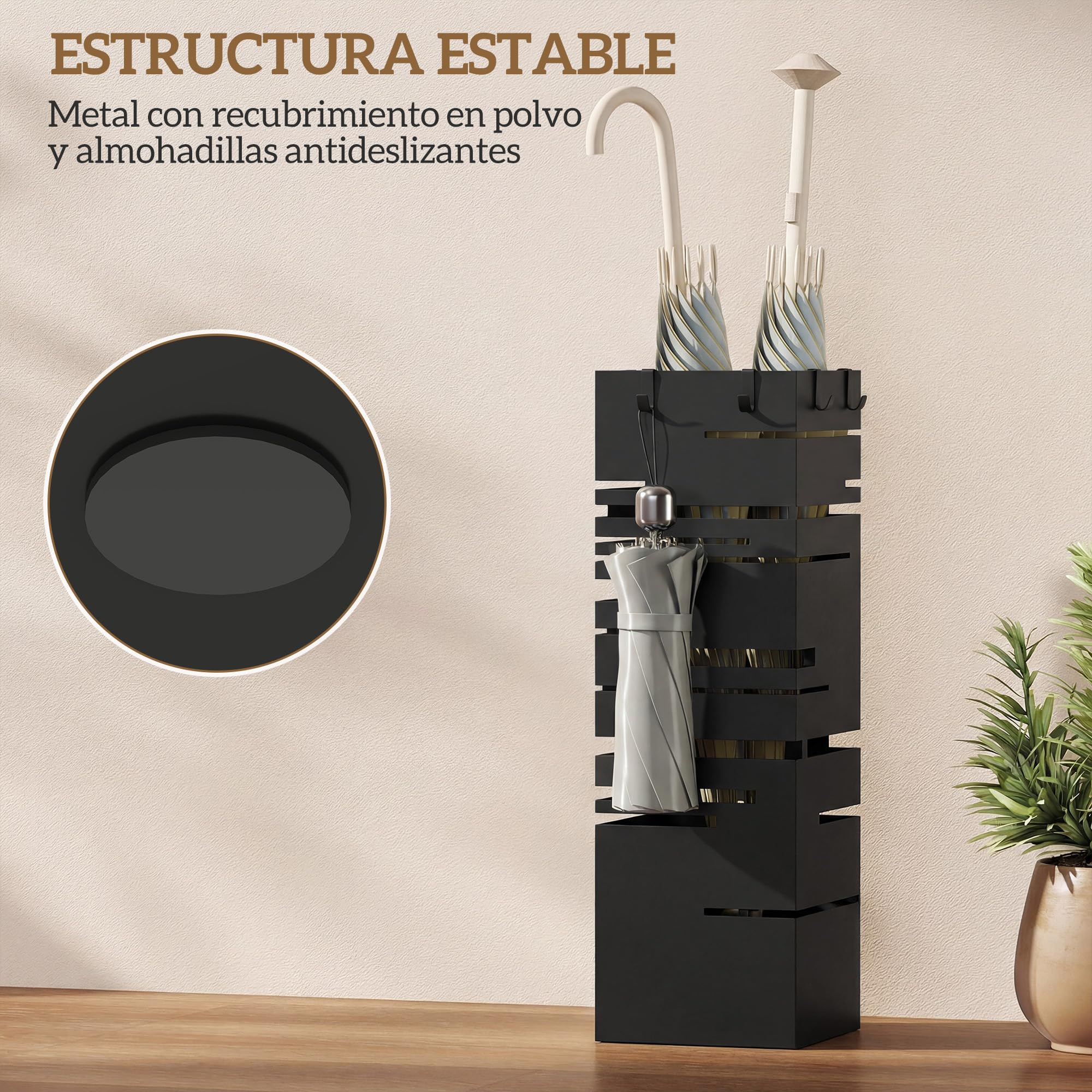 HOMCOM Paragüero Metálico, Soporte de Paraguas con 4 Ganchos y Bandeja de Goteo Extraíble, Paragüero Negro para Entrada, Oficina, 15,5x15,5x49 cm