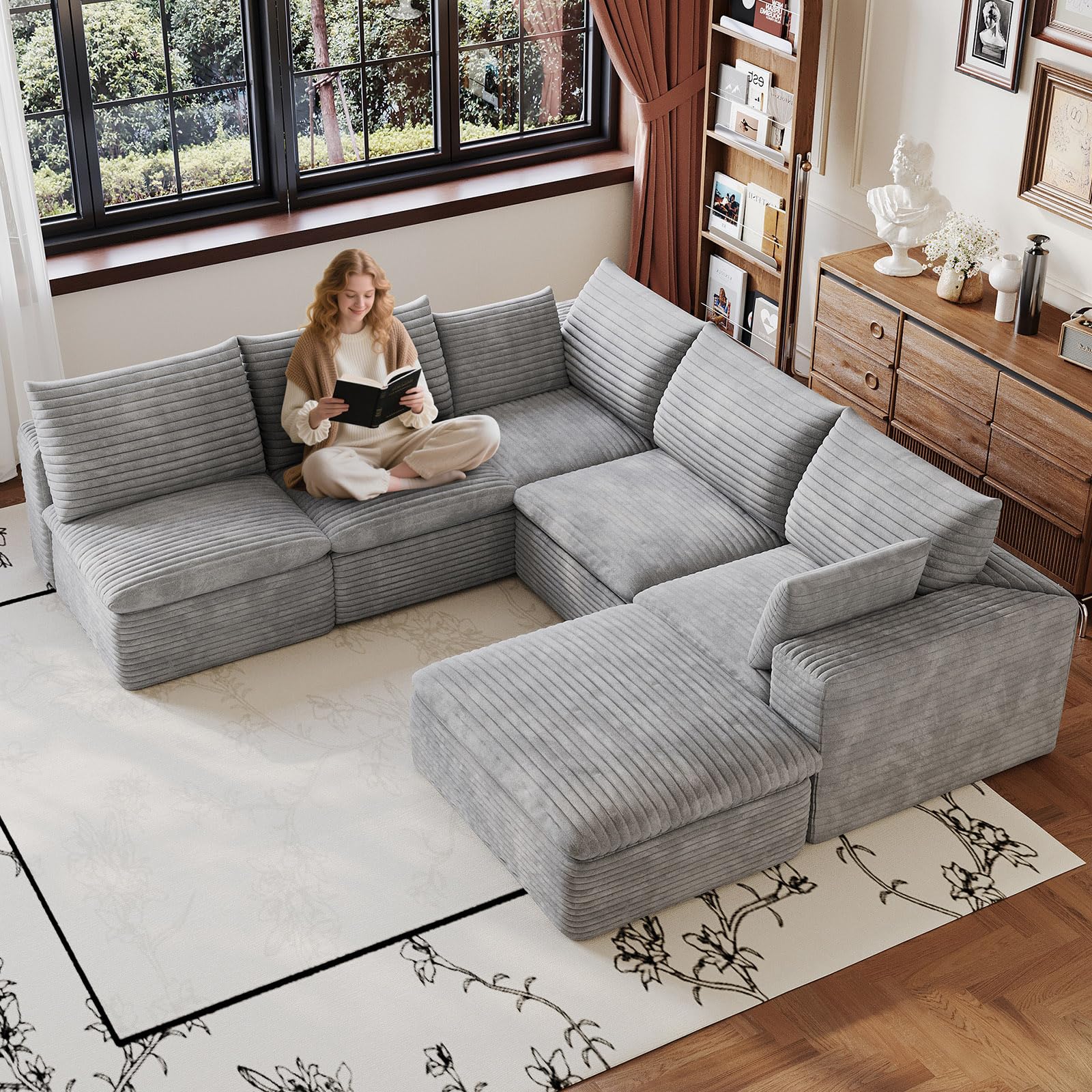 103" Cloud Couch Modular Sectional Sofa for Living Room, U-Shape Boneless Couch with Deep Seat, Modern Corduroy 5-Seater with Ottoman, No Assembly Required, Light Grey