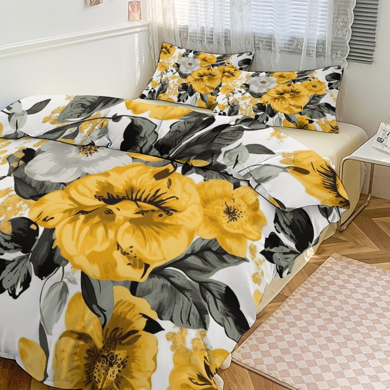 Parure de lit 3 pièces imprimé jaune et rose avec sa couette 200x228 cm